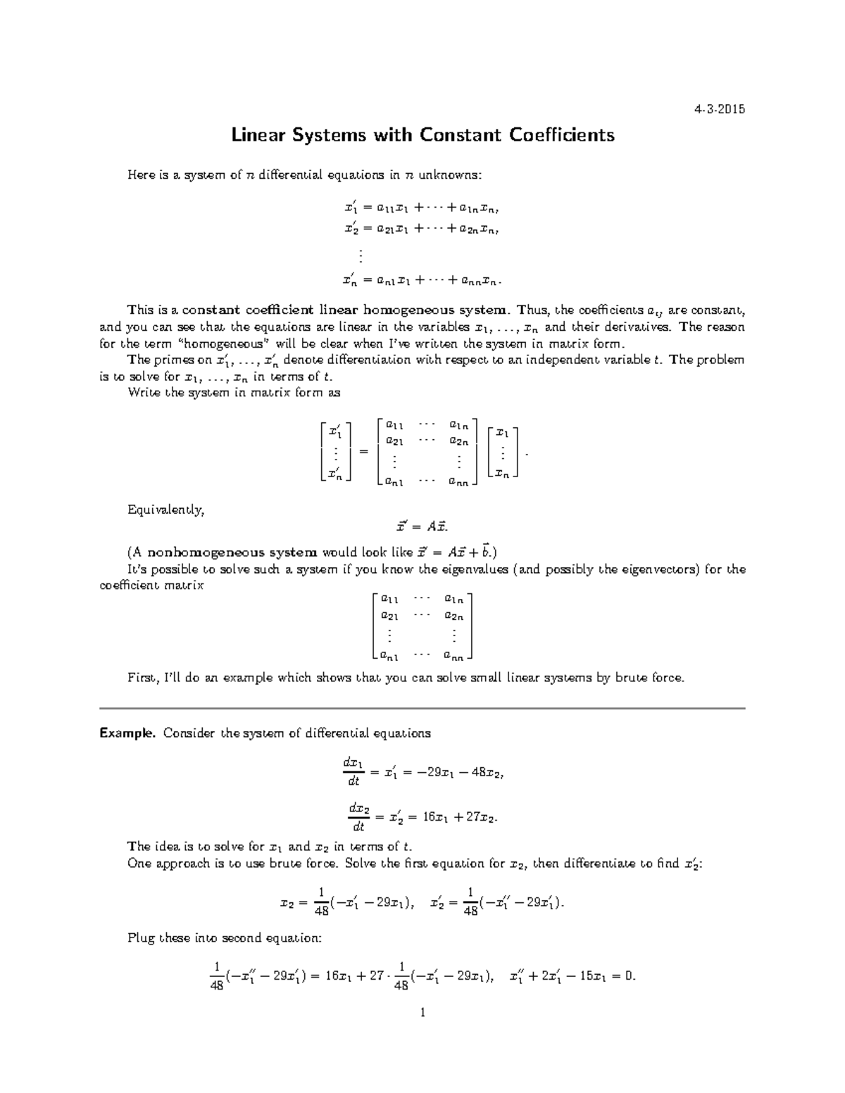 Linear Systems with Constant Coefficients 43 Linear Systems with