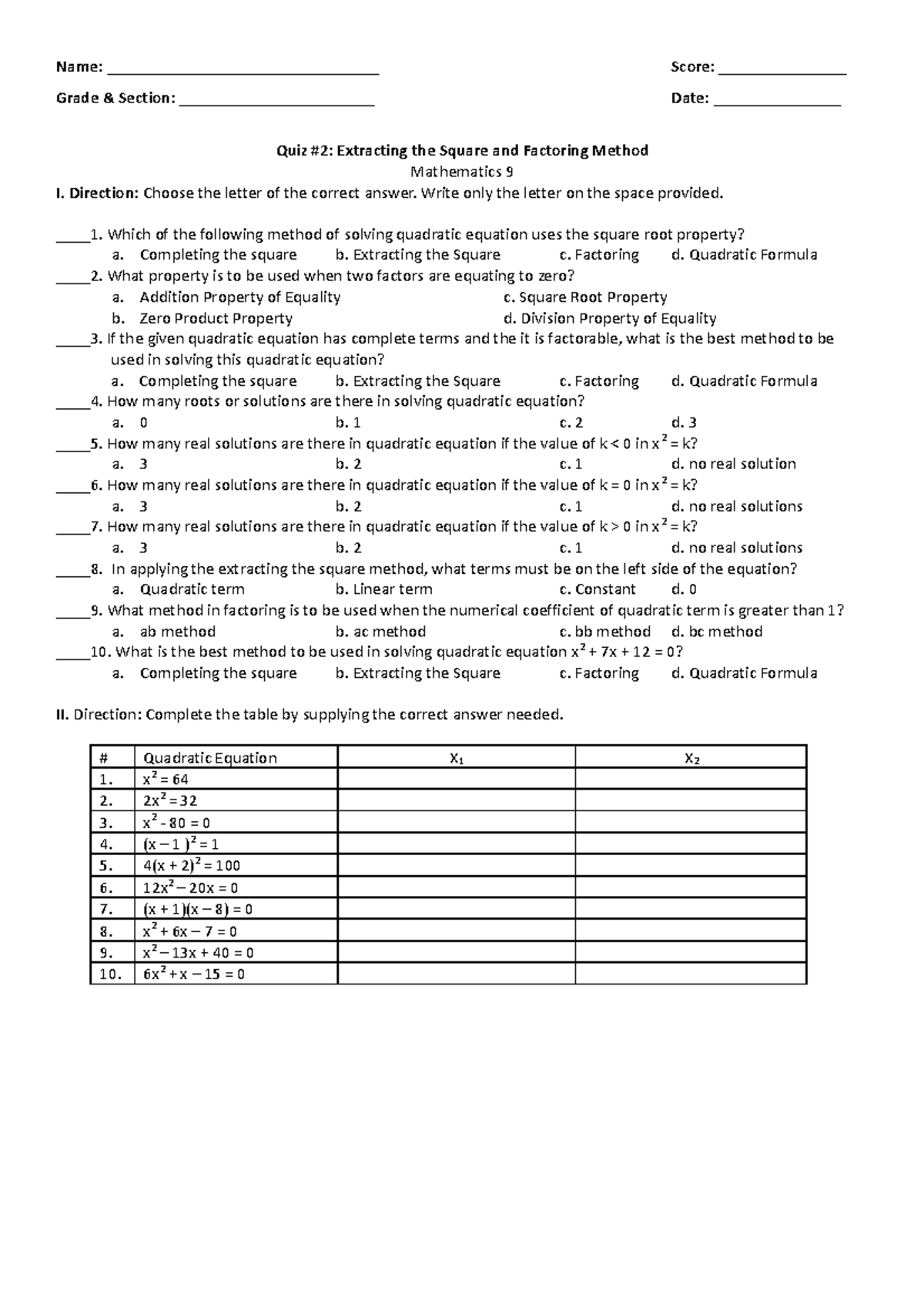 Quiz #2 - Quiz on Quadratics - Name ...