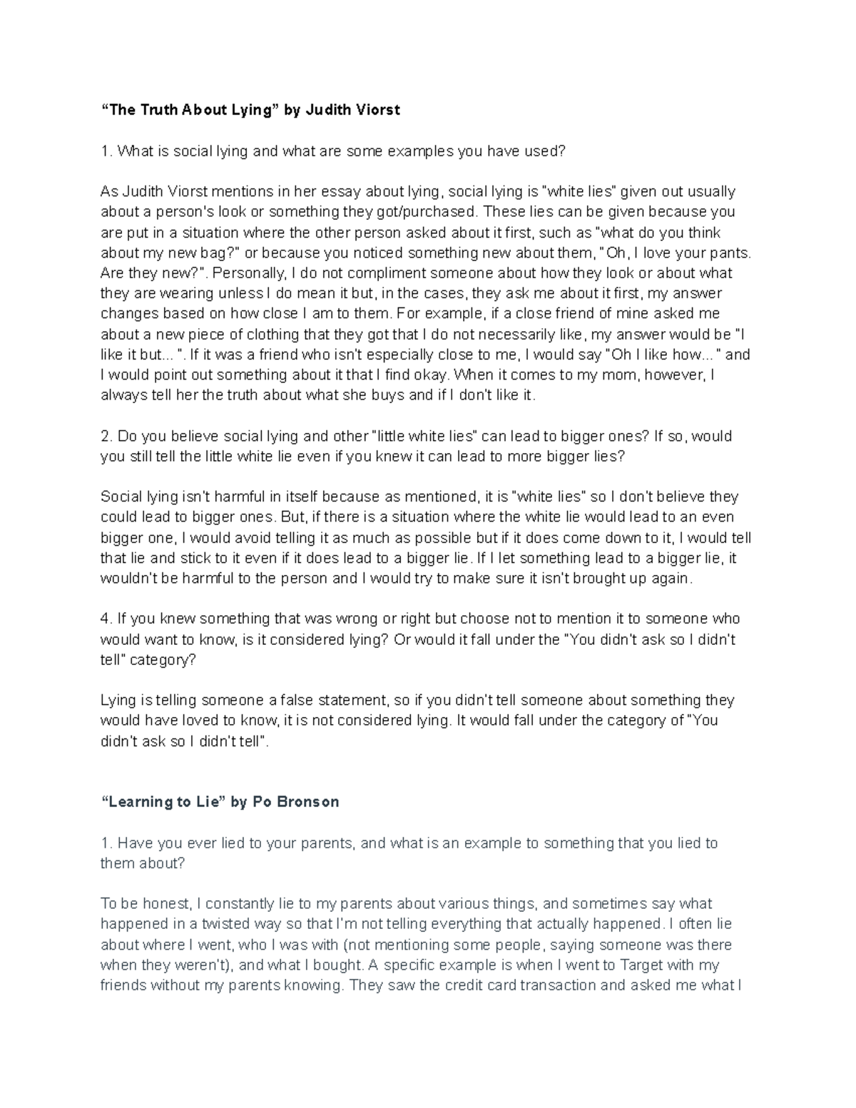 ENG 103- Discussion on Lying - “The Truth About Lying” by Judith Viorst