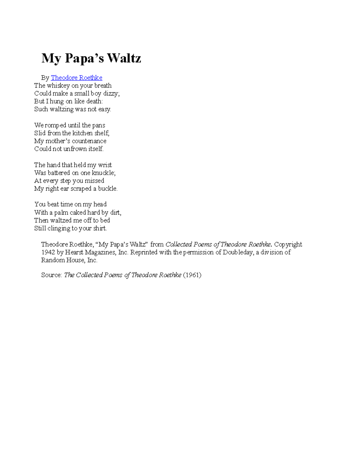 HC 202 Theodore Rathke My Papas Waltz My Papa’s Waltz By Theodore