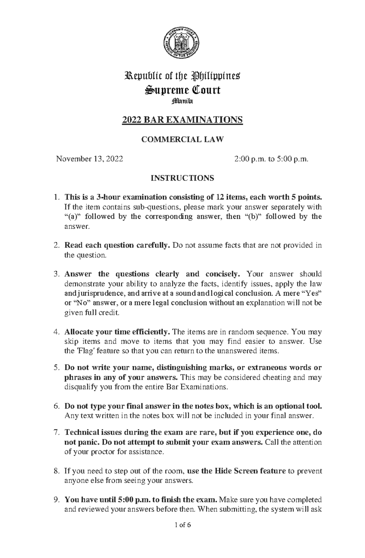 CommercialLAW Nov 2022 Bar 2022 BAR EXAMINATIONS COMMERCIAL LAW