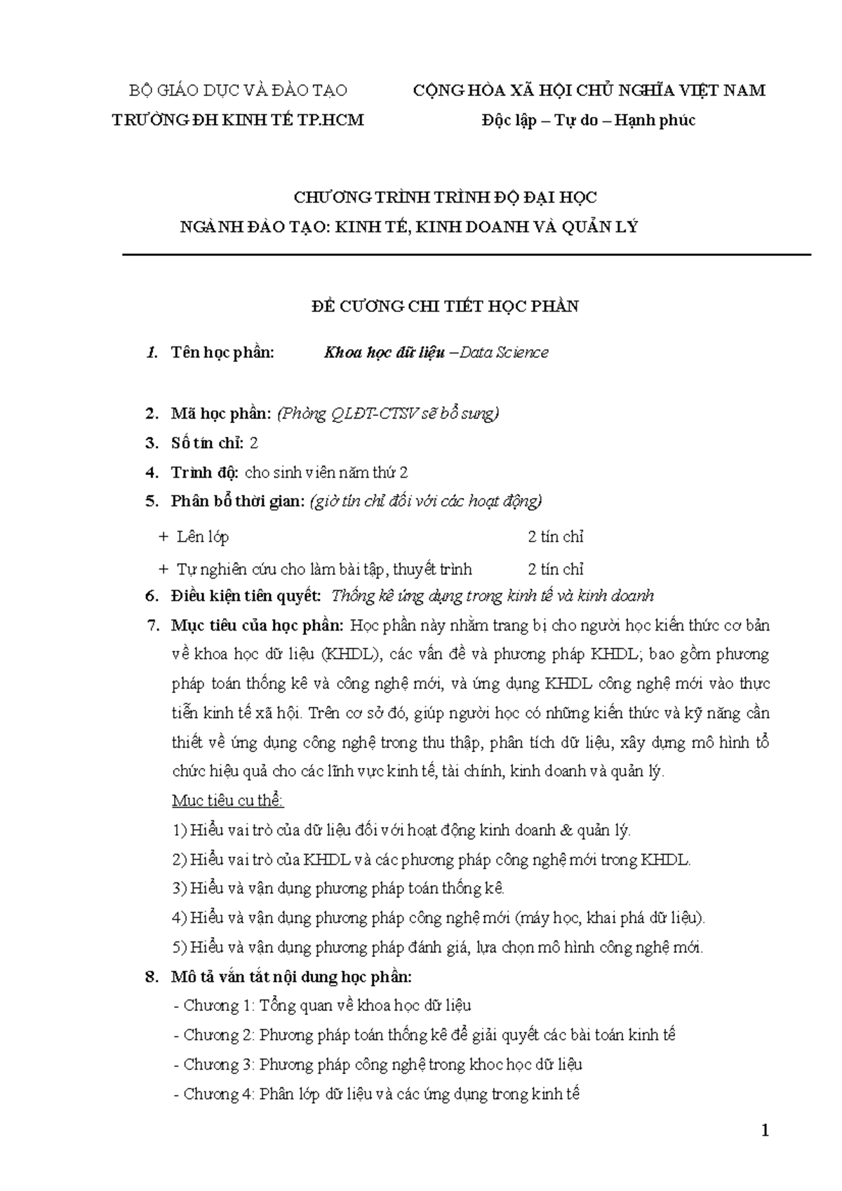 DC Khoa hoc du lieu New1 - BỘ GIÁO DỤC VÀ ĐÀO TẠO TRƯỜNG ĐH KINH TẾ TP CỘNG HÒA XÃ HỘI CHỦ NGHĨA - Studocu