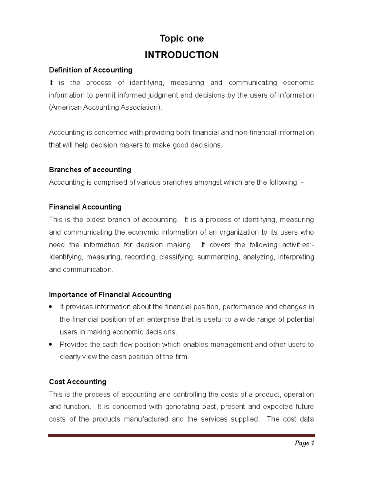 COST Accounting Notes 1 (003) Topic one INTRODUCTION Definition of