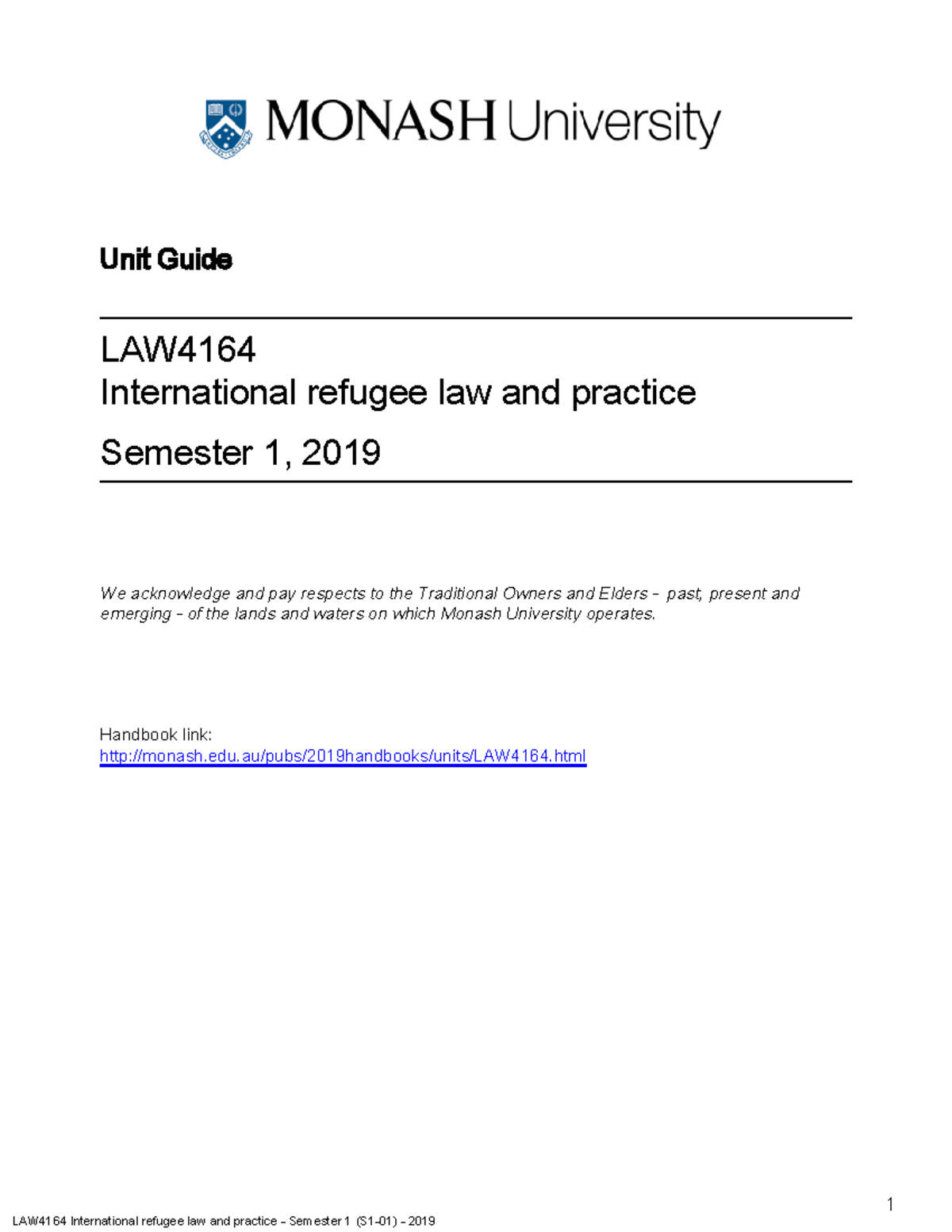 LAW4164 Semester 1(S1-01) 2019 - 1 Unit Guide LAW International Refugee ...