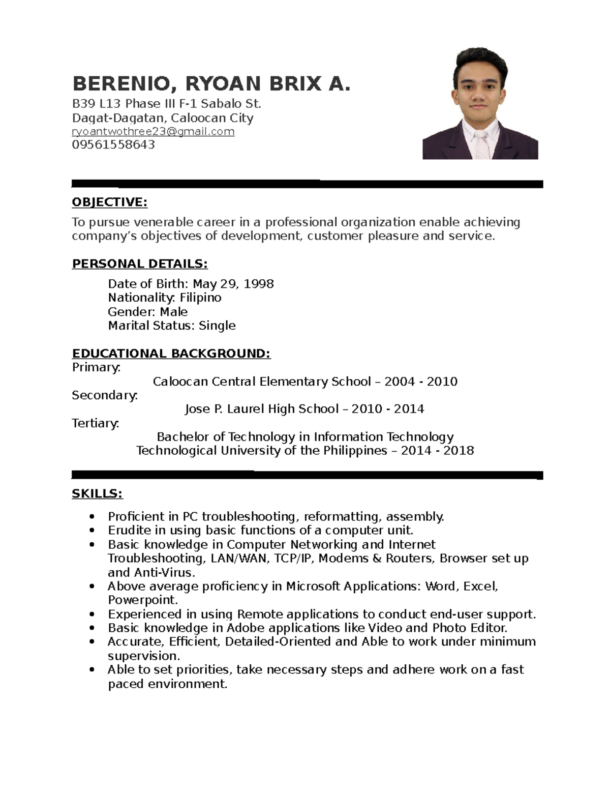 Resume- Latest - BERENIO, RYOAN BRIX A. B39 L13 Phase III F-1 Sabalo St ...