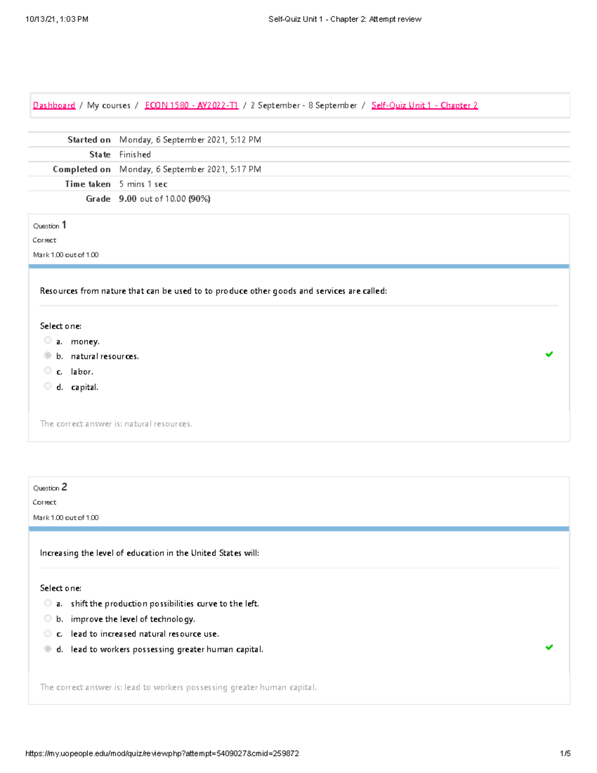 Self-Quiz Unit 1 - Chapter 2 Attempt review for Econ 1580 - Started on ...