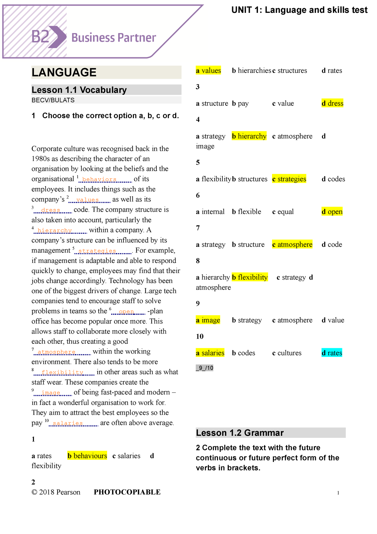 BP B2 Tests Unit1 - LANGUAGE Lesson 1 Vocabulary BECV/BULATS 1 Choose ...