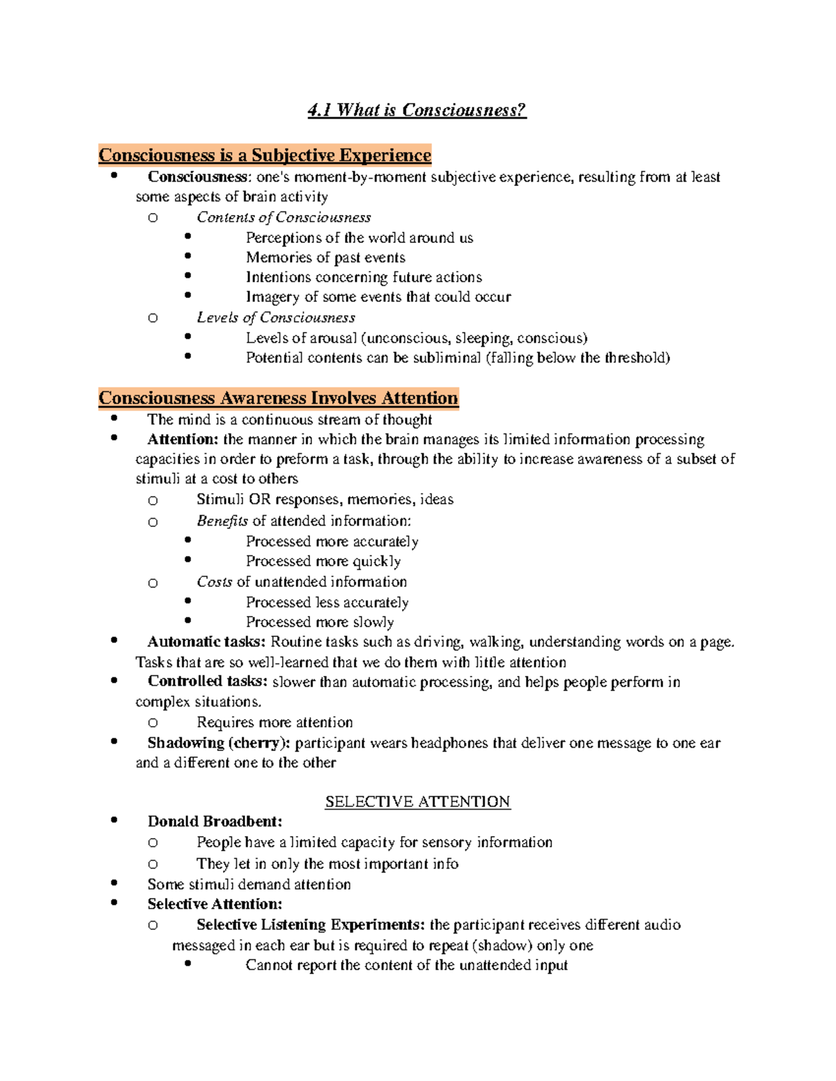 PSY 201 Chapter 3 - Lecture notes 3 - 4 What is Consciousness ...
