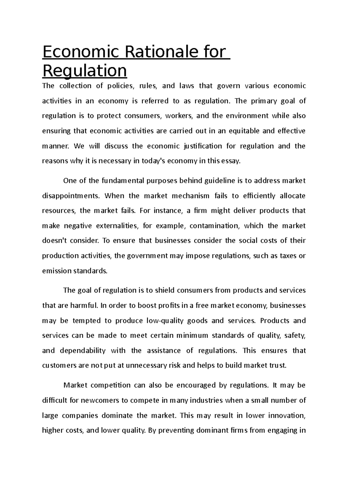 Economic Rationale for Regulation Economic Rationale for Regulation
