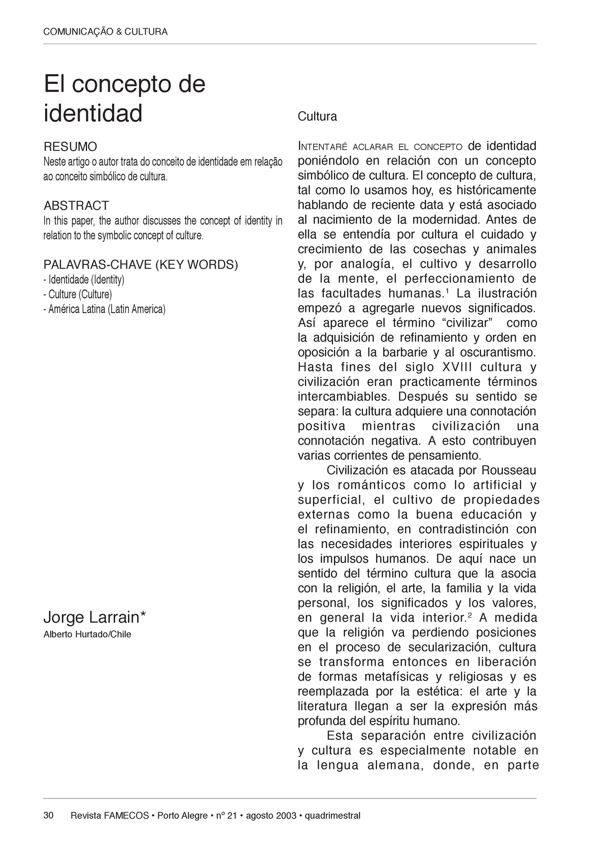 El Concepto De Identidad, Larrain, Jorge (2003 ) - COMUNICAÇÃO ...