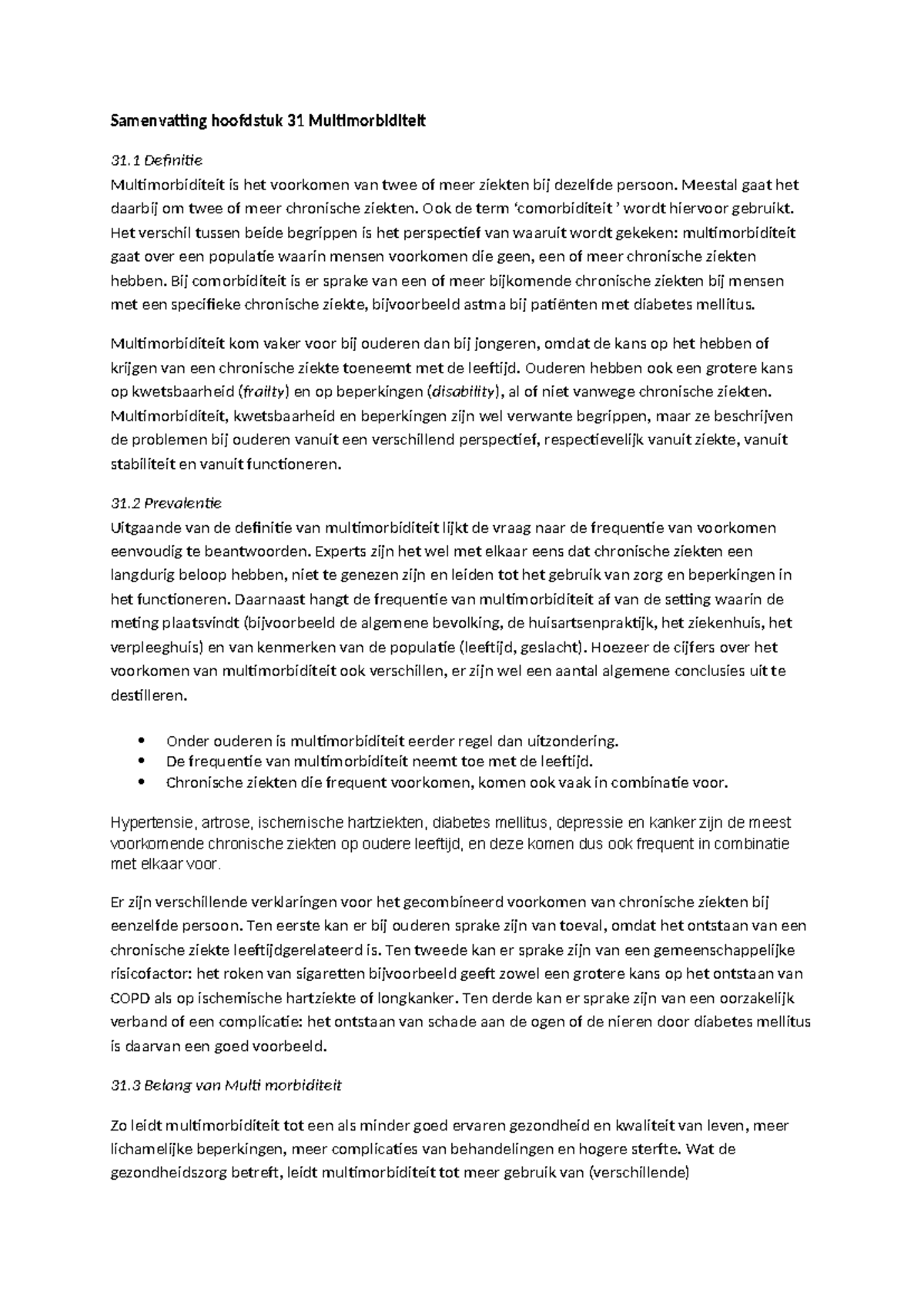 Geneeskunde les 1.1 - Samenvatting hoofdstuk 31 Multimorbiditeit 31 ...