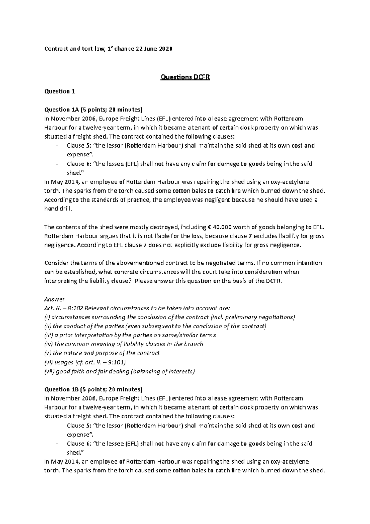 Contract And Tort Law Exam - Contract And Tort Law, 1e Chance 22 June ...