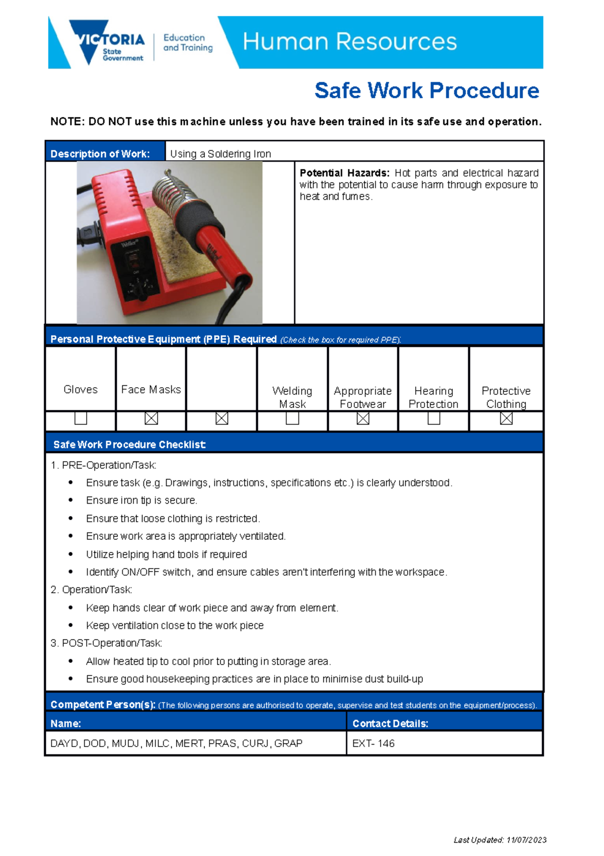 ODS hundred Safe Work Procedure NOTE DO NOT use this machine