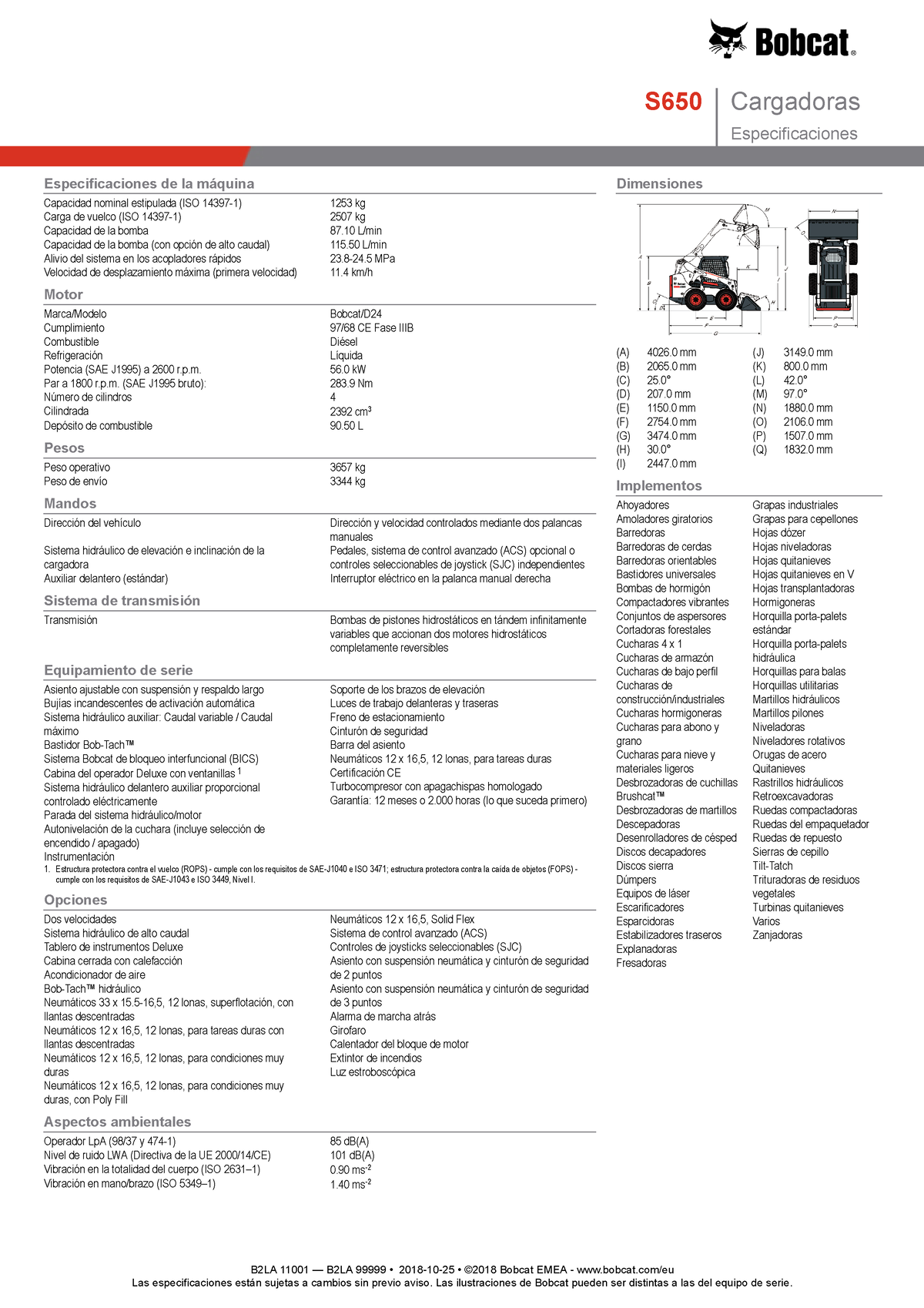 Ficha Tecnica Minicargador Bobcat S650 - S650 Cargadoras