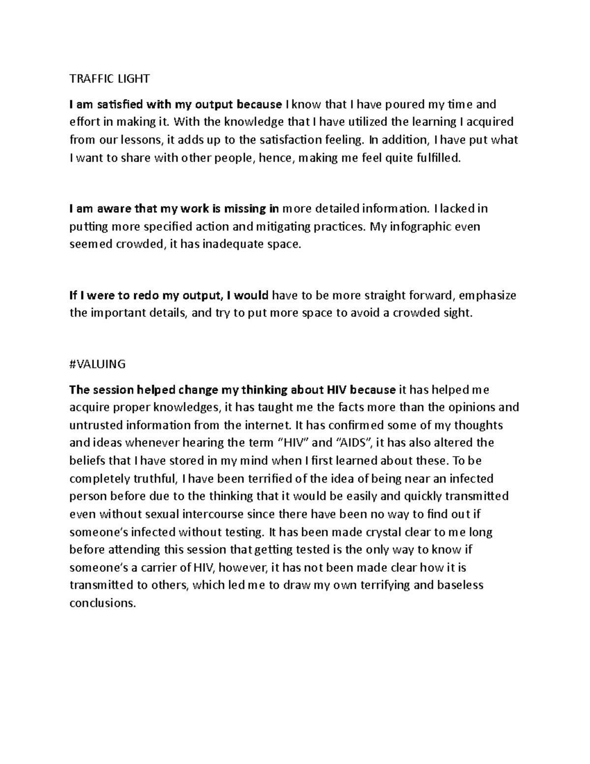 HIV and AIDS disease reflection - TRAFFIC LIGHT I am satisfied with my ...