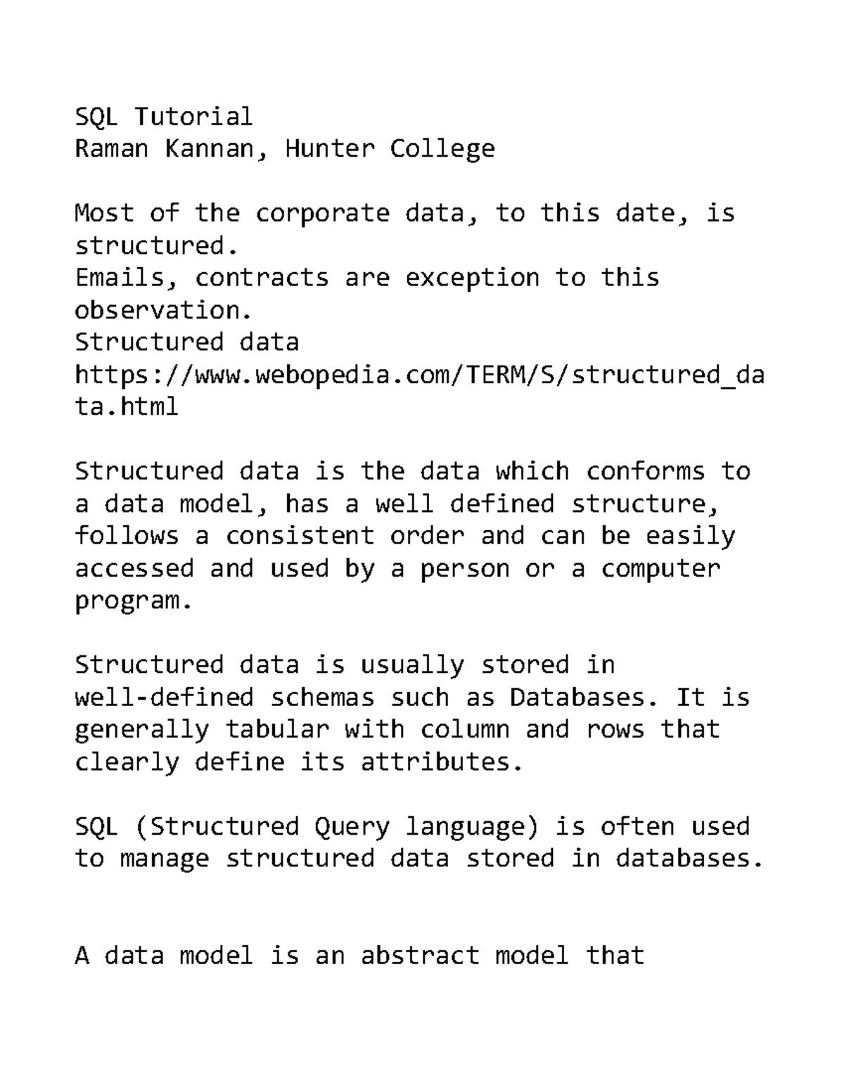 Book-sql-tutorial - Lecture notes Lectures 1-16 - SQL Tutorial Raman ...