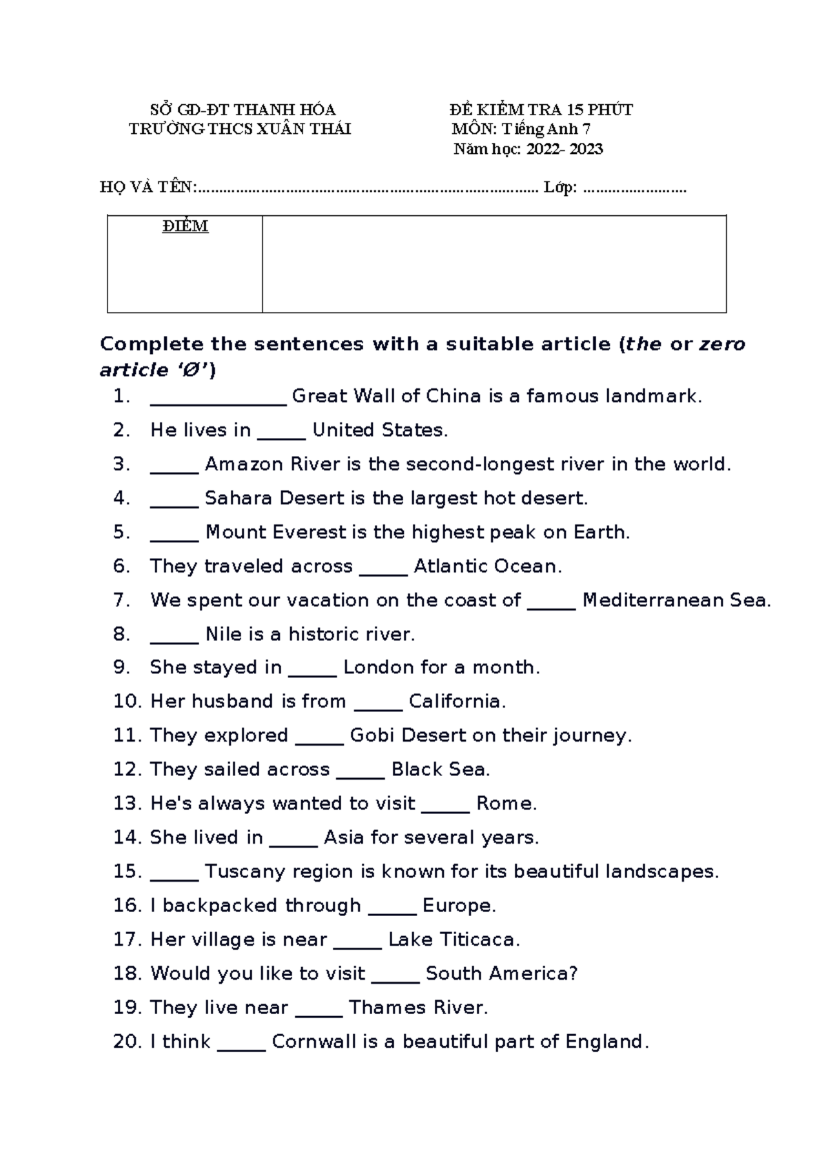 15 mins (zero) articles withkey - SỞ GD-ĐT THANH HÓA ĐỀ KIỂM TRA 15 ...