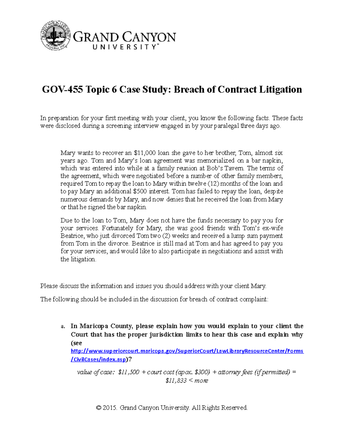 GOV-455 Topic 6 Case Study Breach of Contract Litigation Worksheet ...