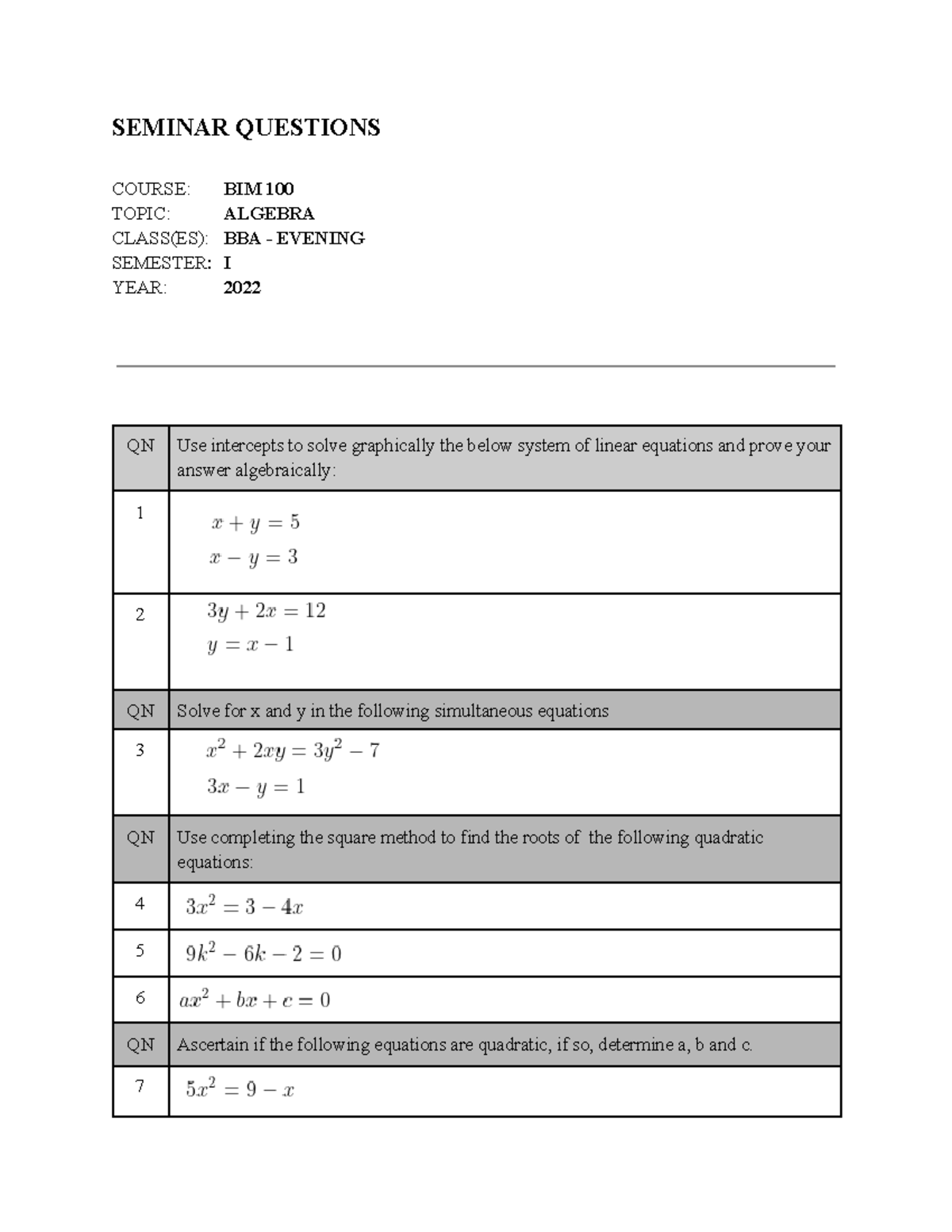 BIM 100 Seminar - FIRST YEAR - SEMINAR QUESTIONS COURSE: BIM 100 TOPIC ...