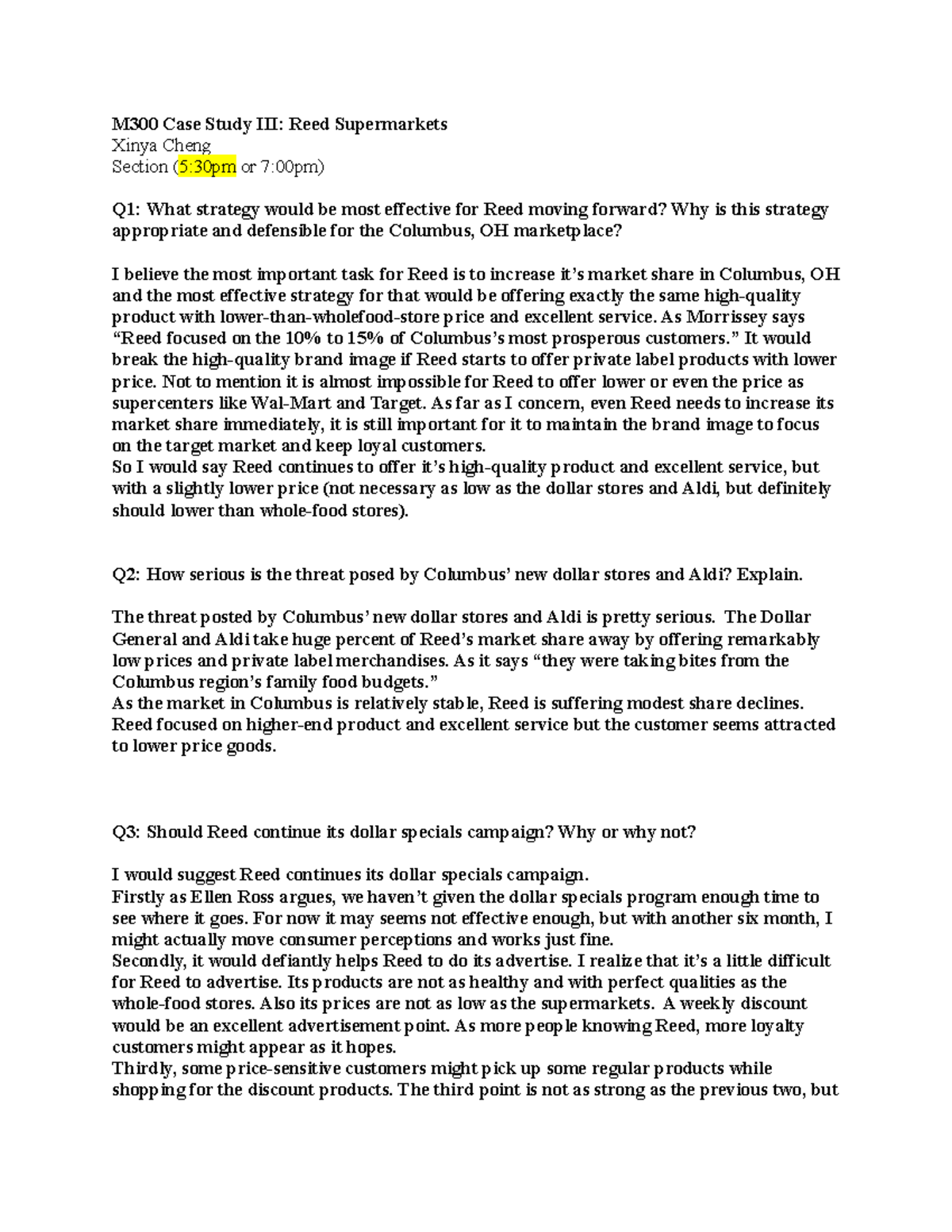 M300+Case+Study+III++Questions++Reed+Supermarkets M300 Case Study