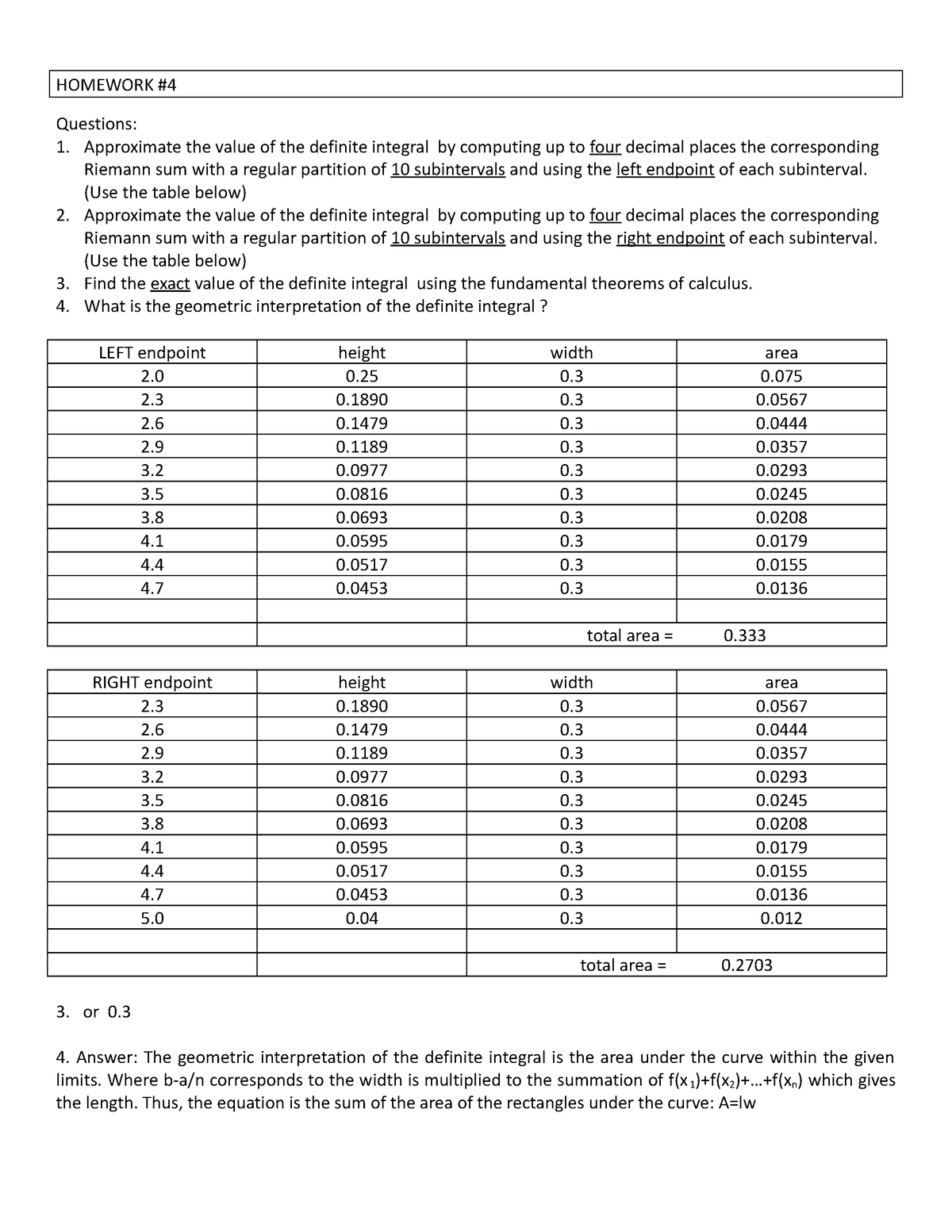 Homework #4 - Integrals - HOMEWORK Questions: Approximate the value of ...