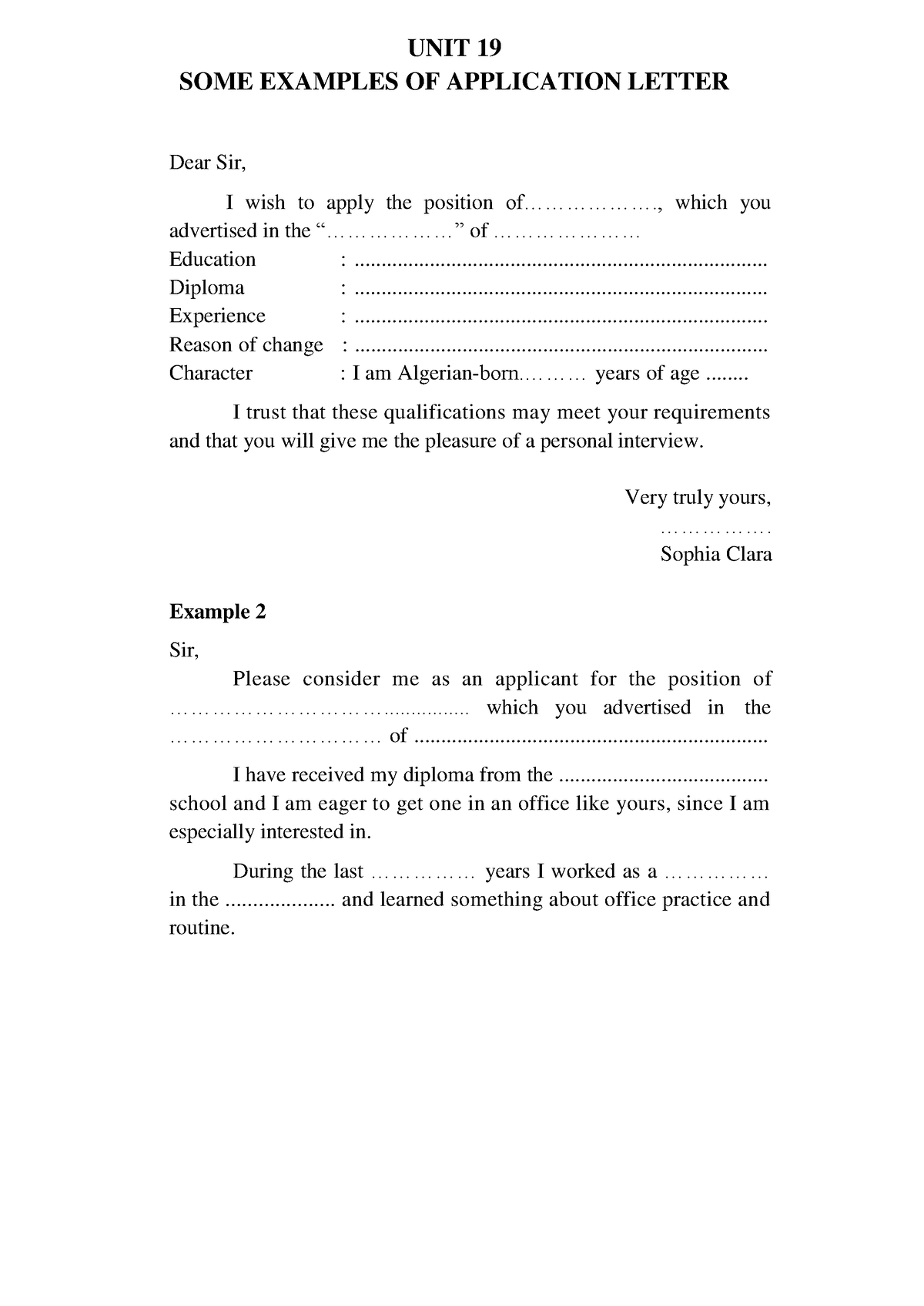 Summaries.SOME Examples OF Application Letter - UNIT 19 SOME EXAMPLES ...