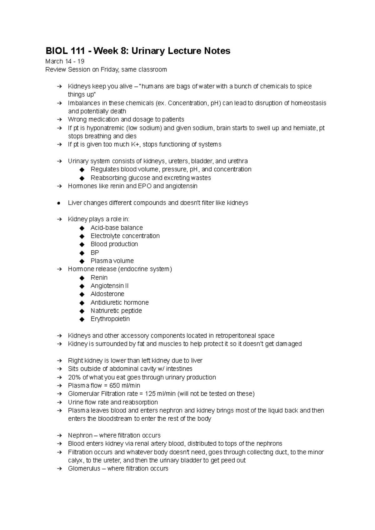 BIOL 111 - Week 8 Urinary Lecture Notes - BIOL 111 - Week 8: Urinary ...