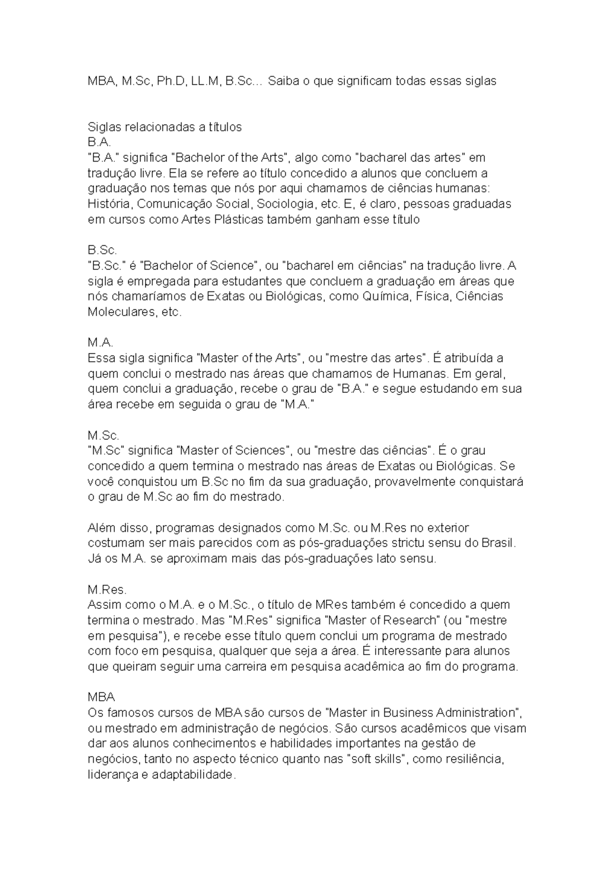 O que é MBA, M.Sc, Ph.D, LL.M, B.Sc Saiba o que significam as siglas♻