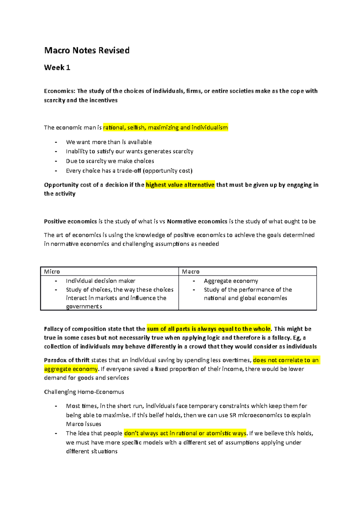 Macro notes revised - Macro Notes Revised Week 1 Economics: The study ...