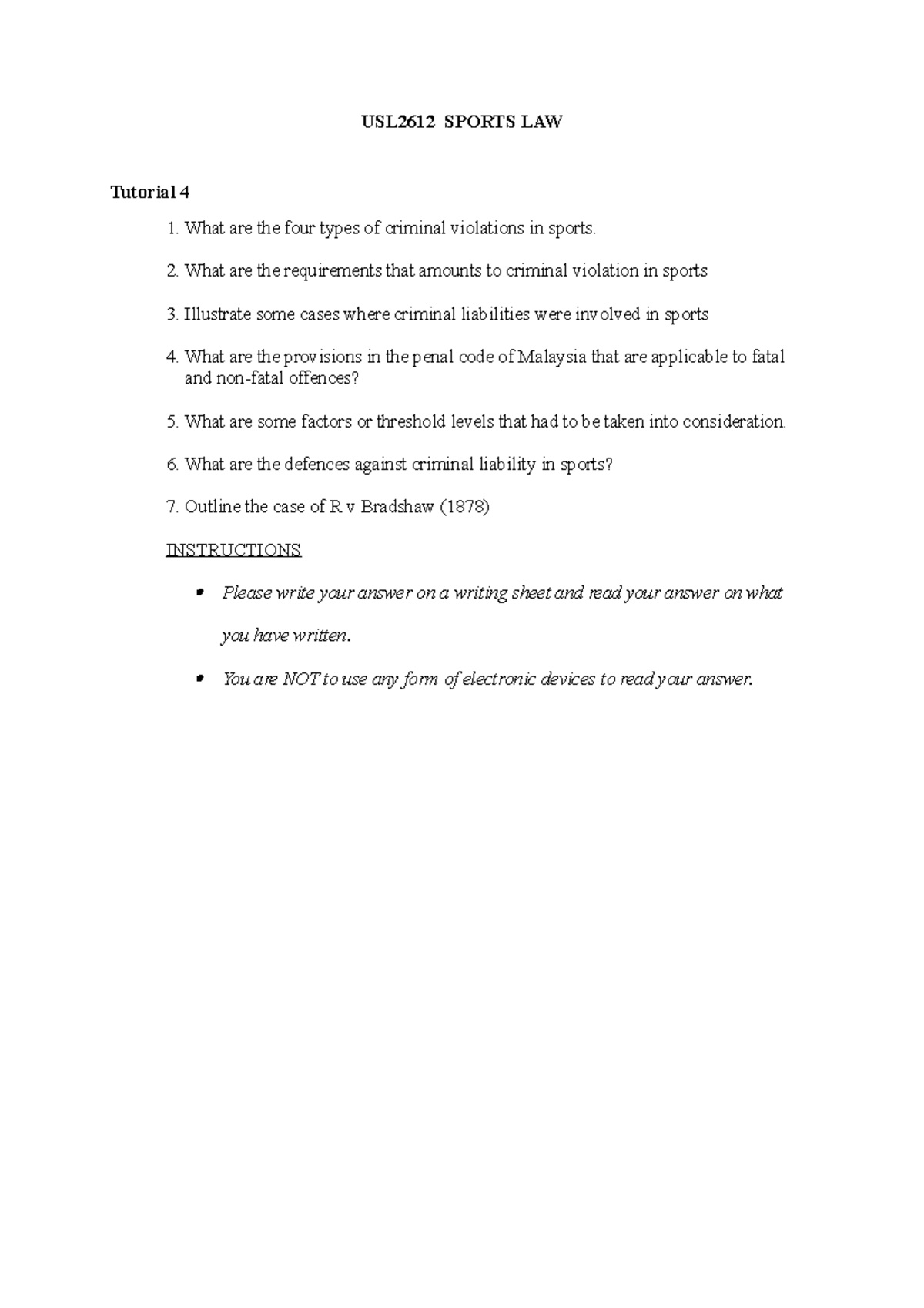 Tutorial 2 (Criminal) - jdajofjiodajf - USL2612 SPORTS LAW Tutorial 4 1 ...
