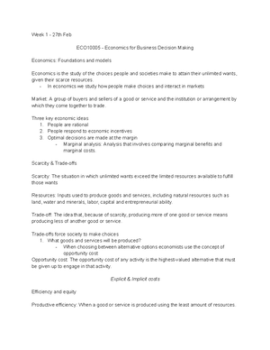 Week 2 Economic Notes - Week 2 - 7th March ECO10005 - Economics For ...