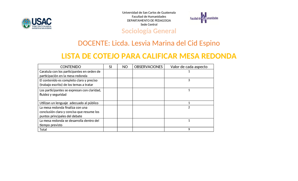 Lista De Cotejo De Mesa Redonda