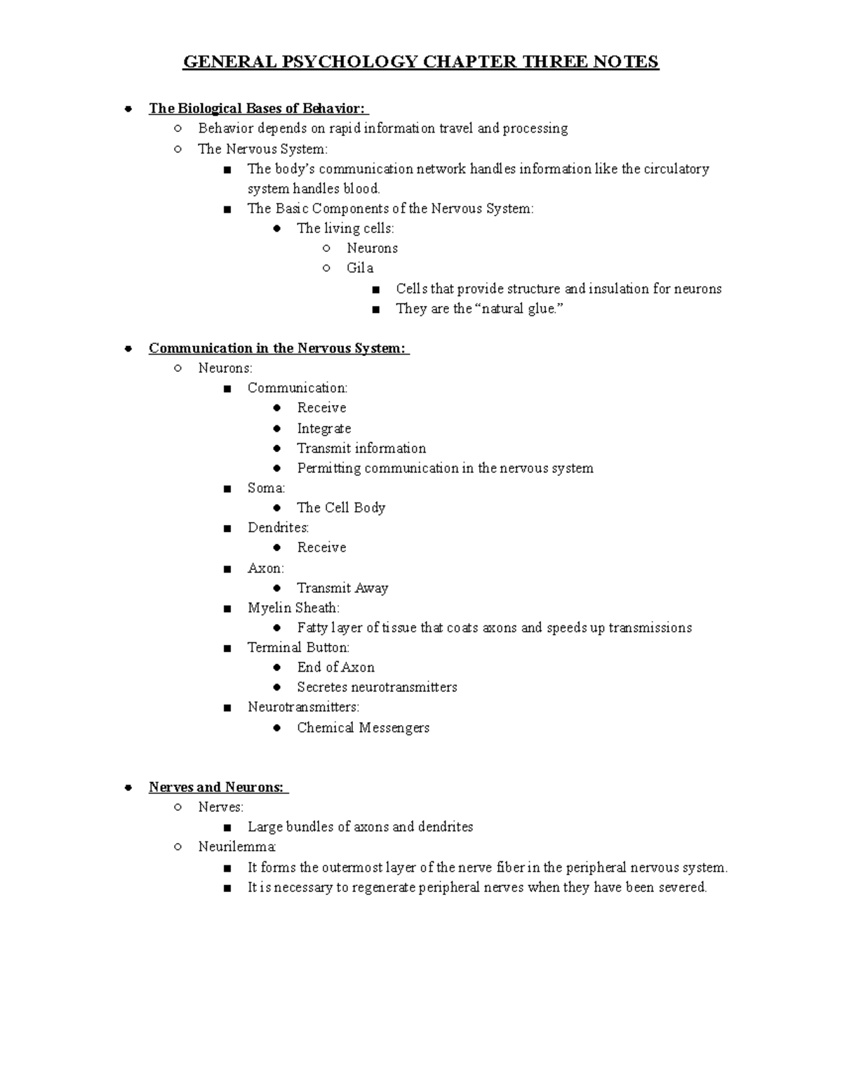 General Psychology Chapter Three Notes - The Biological Bases of ...