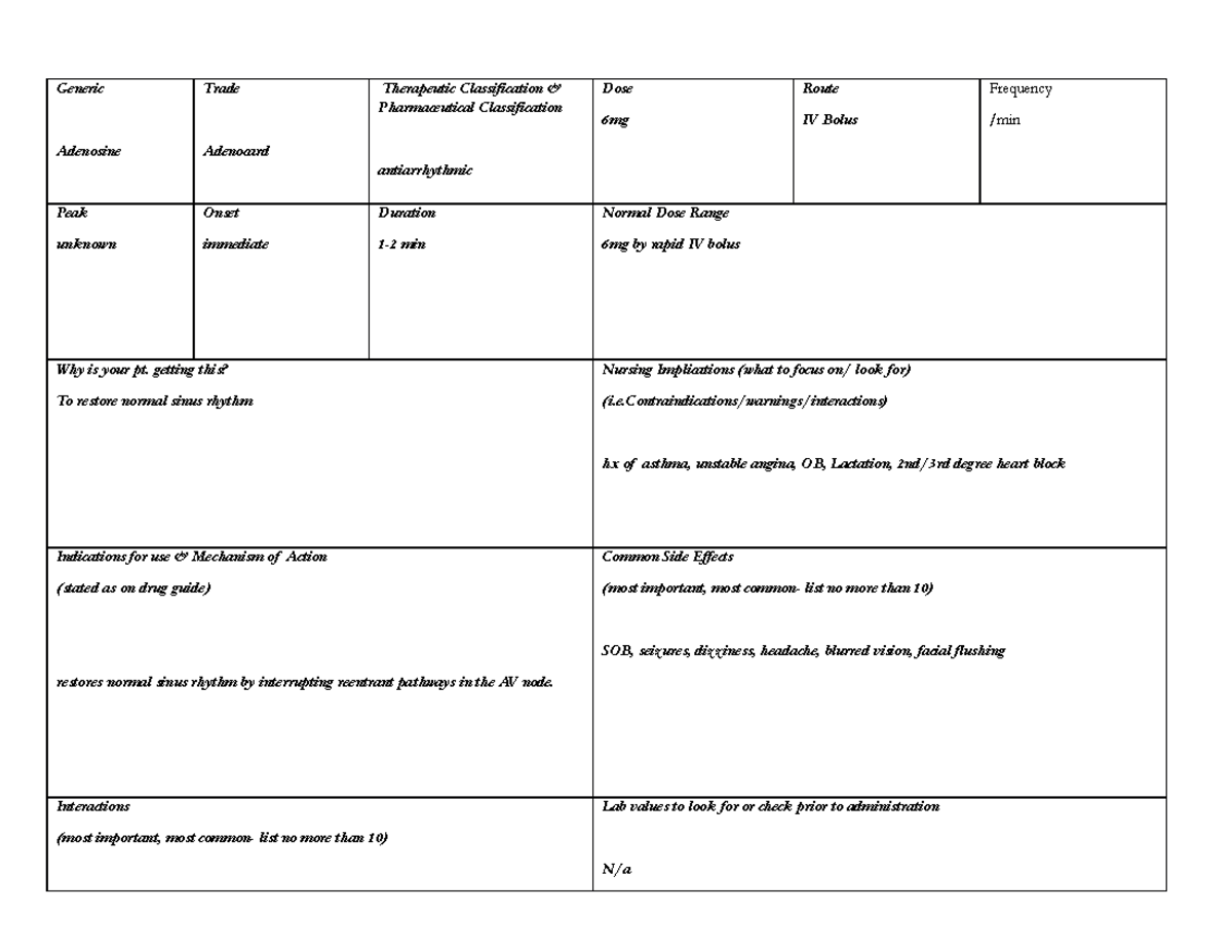 Adenosine Drug Card - Study Material - Generic Adenosine Trade 