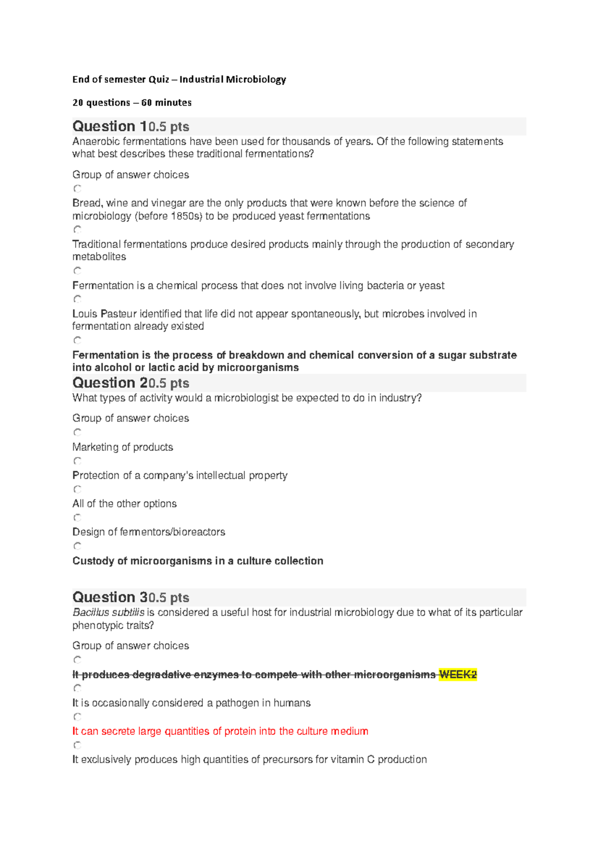Industrial microbiology exam quiz 20q 1hr End of semester Quiz