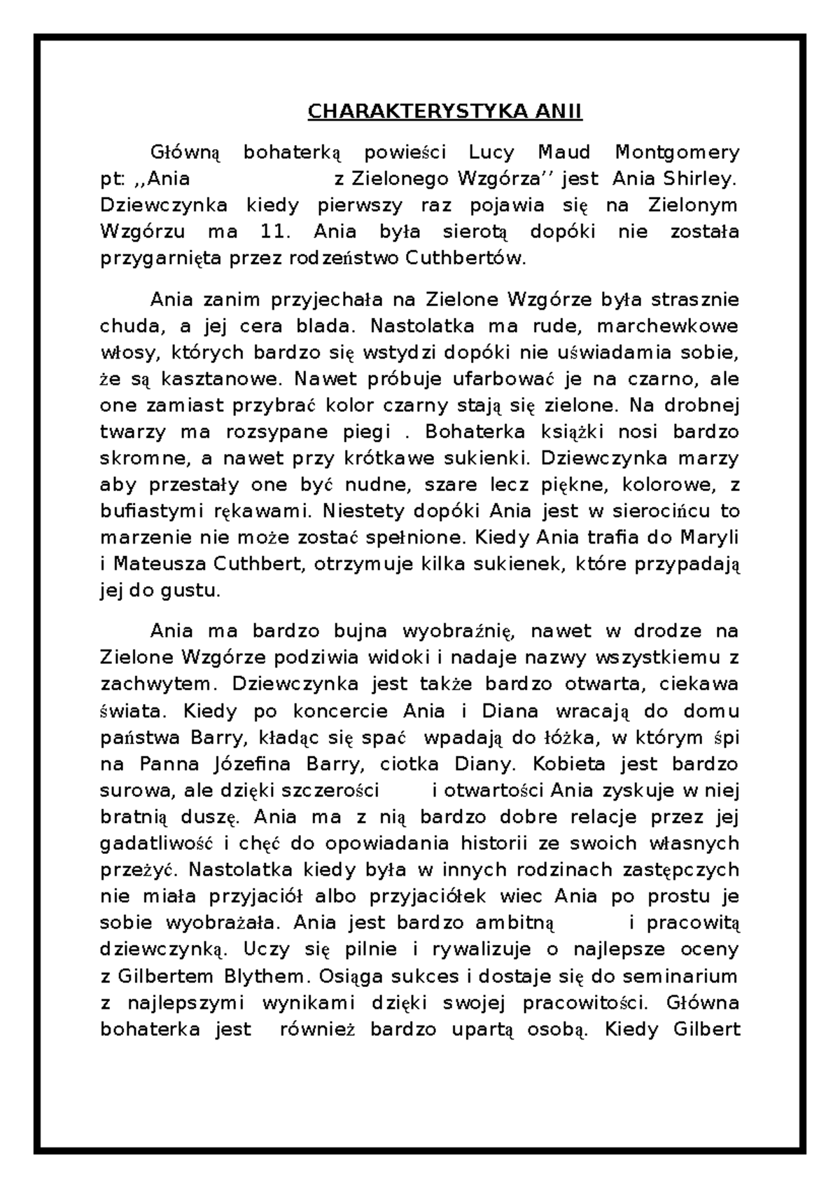 Charakterystyka ANII - Opis Anii z zielonego Wzgórza - CHARAKTERYSTYKA