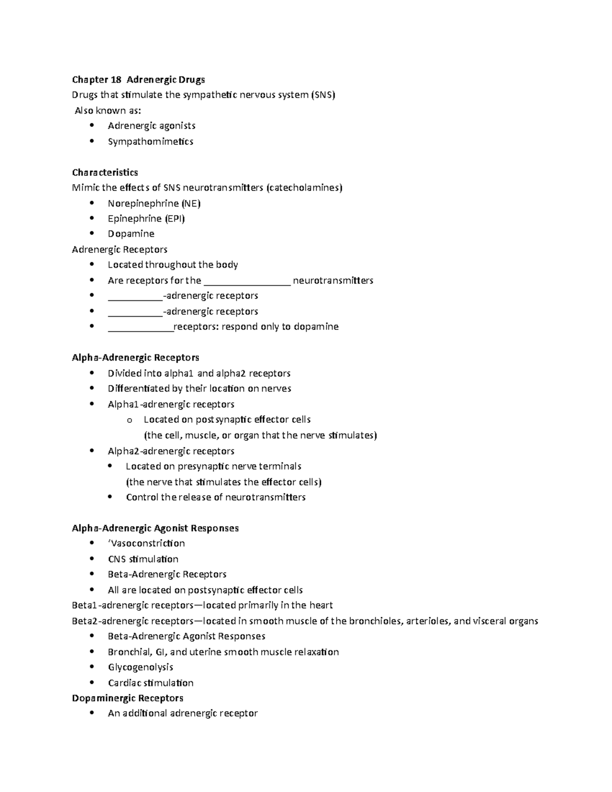 Pharm- Chapter 18 and 19 handout - Chapter 18 Adrenergic Drugs Drugs ...