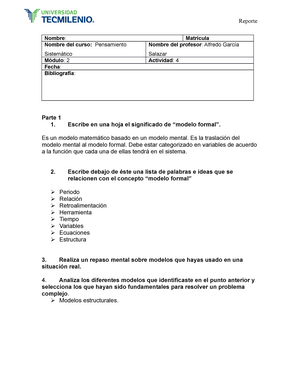 Actividad 4 - Reporte Nombre: Matrícula Nombre del curso: Pensamiento  Sistemático Nombre del - Studocu