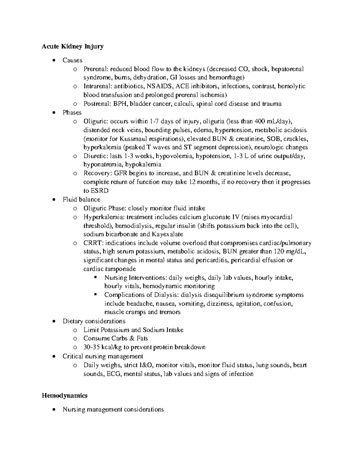 Complex Final Study Guide - Acute Kidney Injury Causes o Prerenal ...