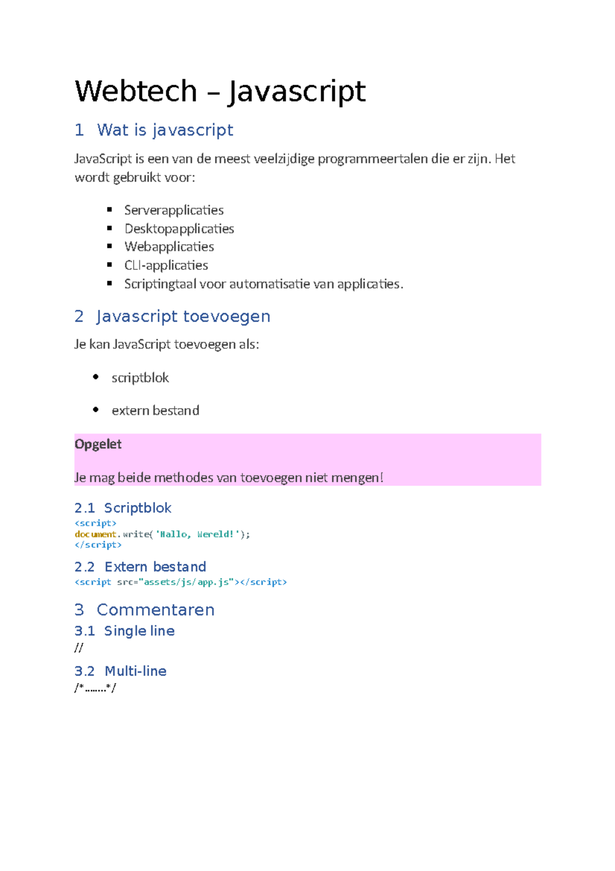 Webtech - dit is een samenvatting van javascript - Webtech – Javascript ...