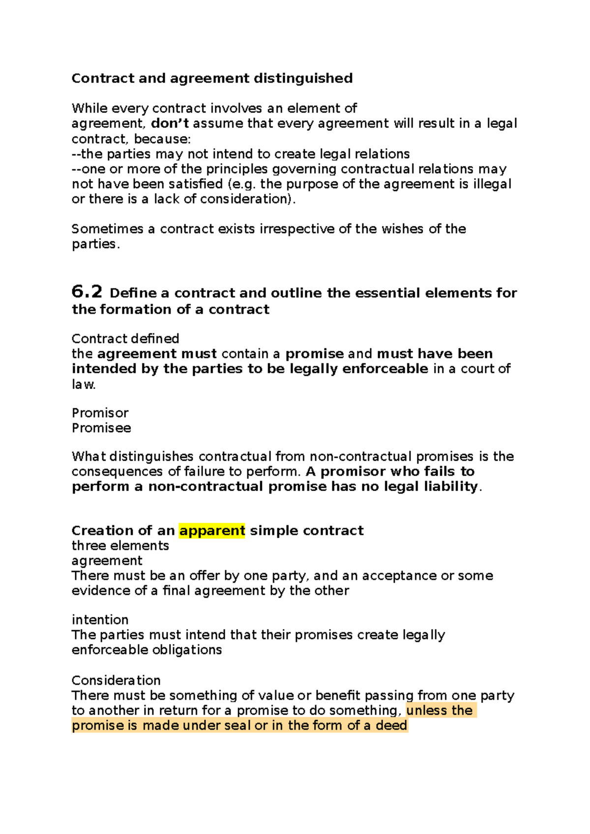 C6 summary - elements of agreement - Contract and agreement ...