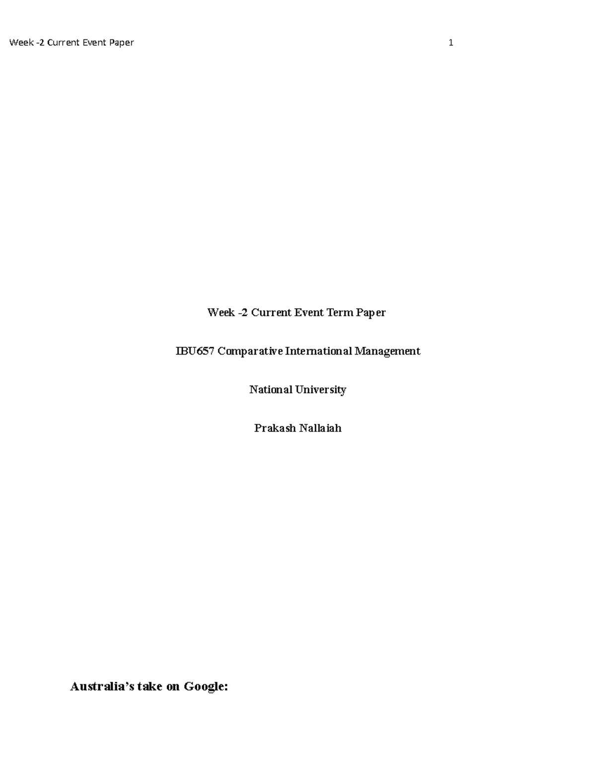 Week-2 Current Event Term Paper - Week -2 Current Event Paper 1 Week -2 ...