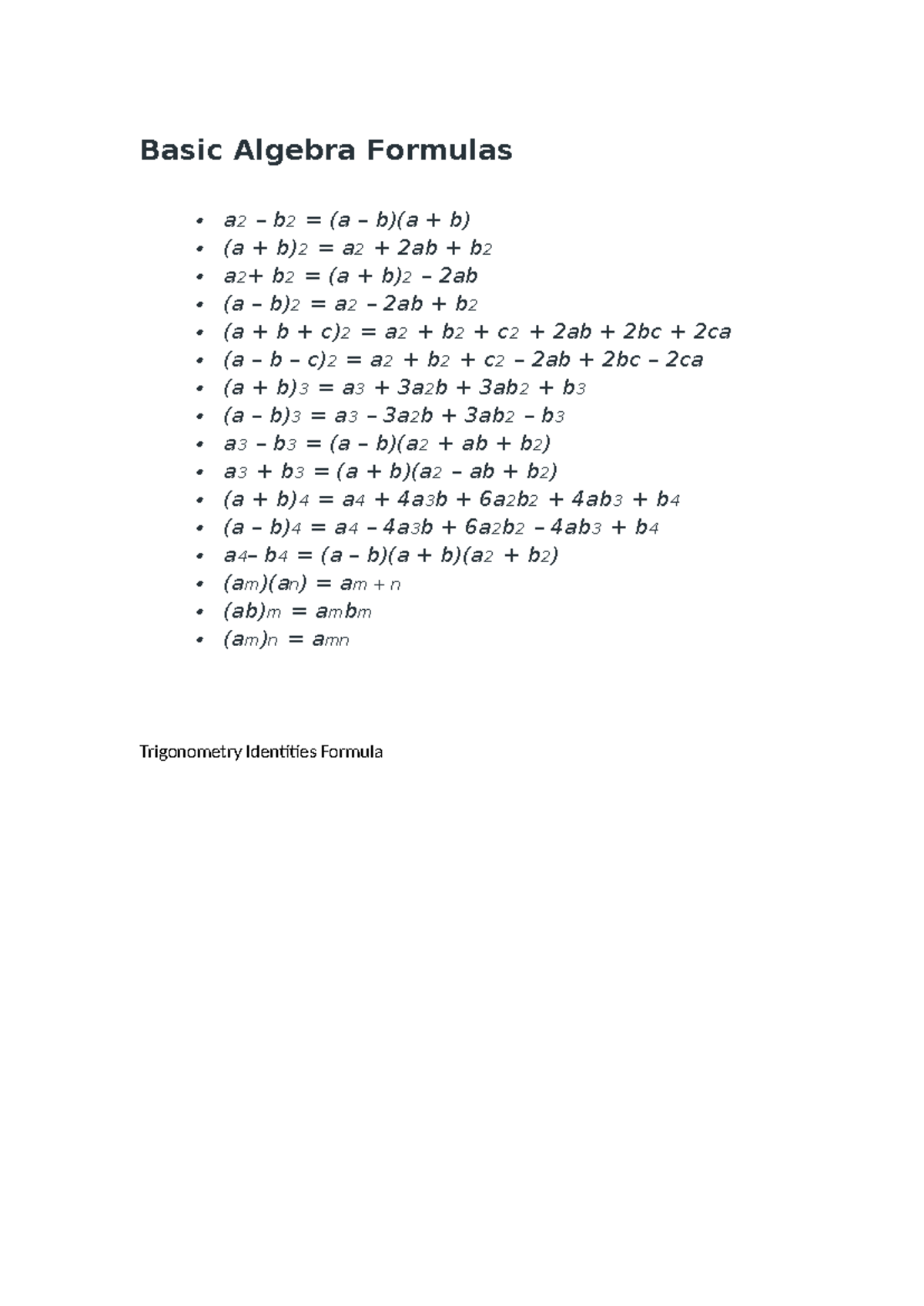 Math formula - note - Basic Algebra Formulas a 2 – b 2 = (a – b)(a + b ...