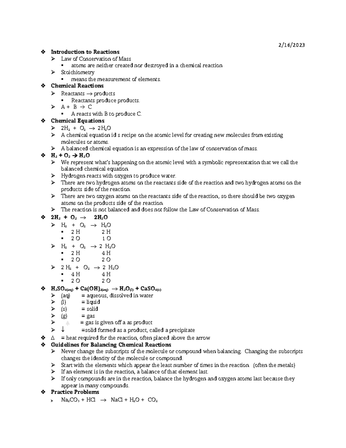 Chapter 5 Stoichiometry Notes - 2 16  Introduction To Reactions Law Of 