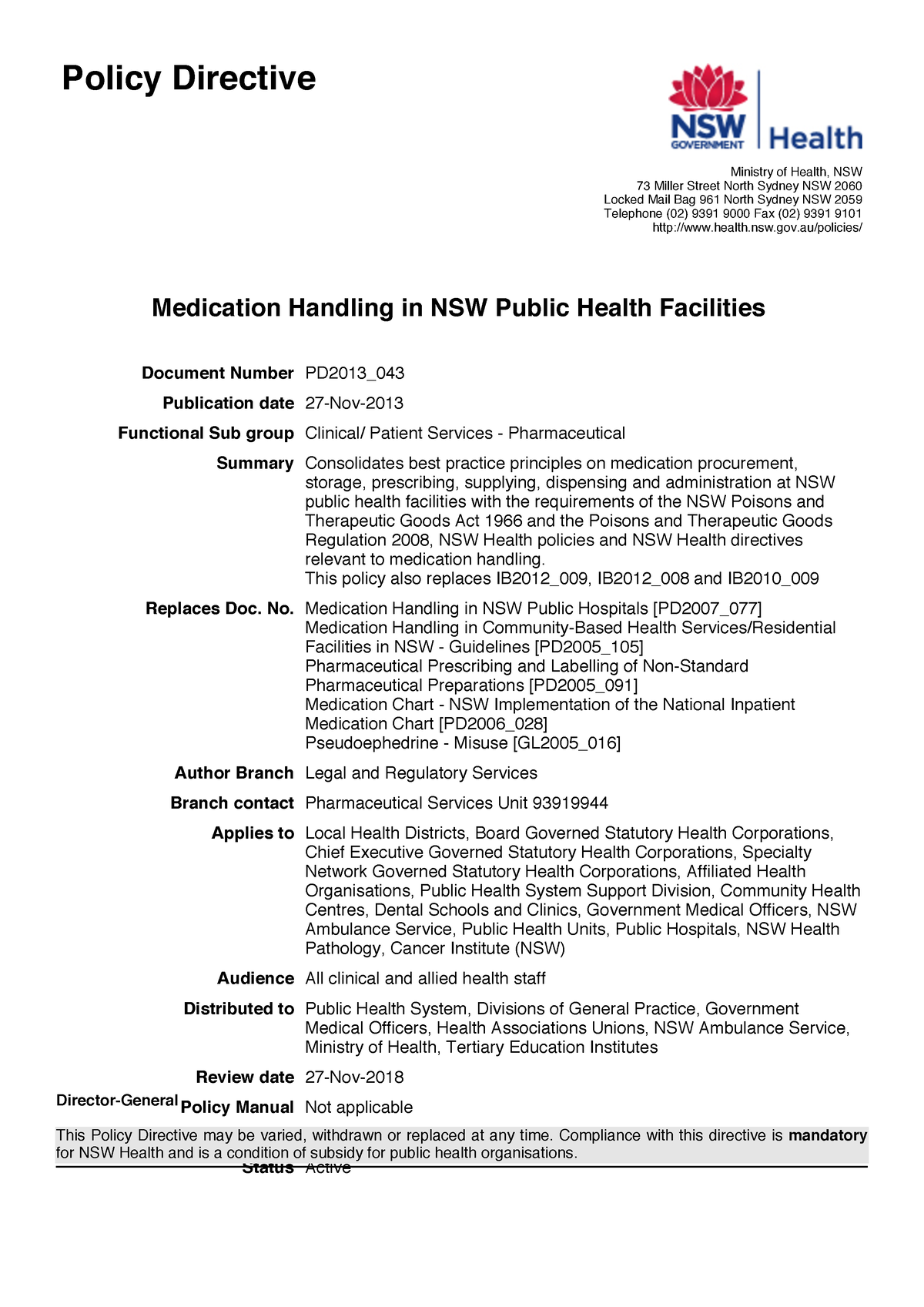 Medication Handlingin NSWPublic Health Facilities Policy Directive   Thumb 1200 1697 