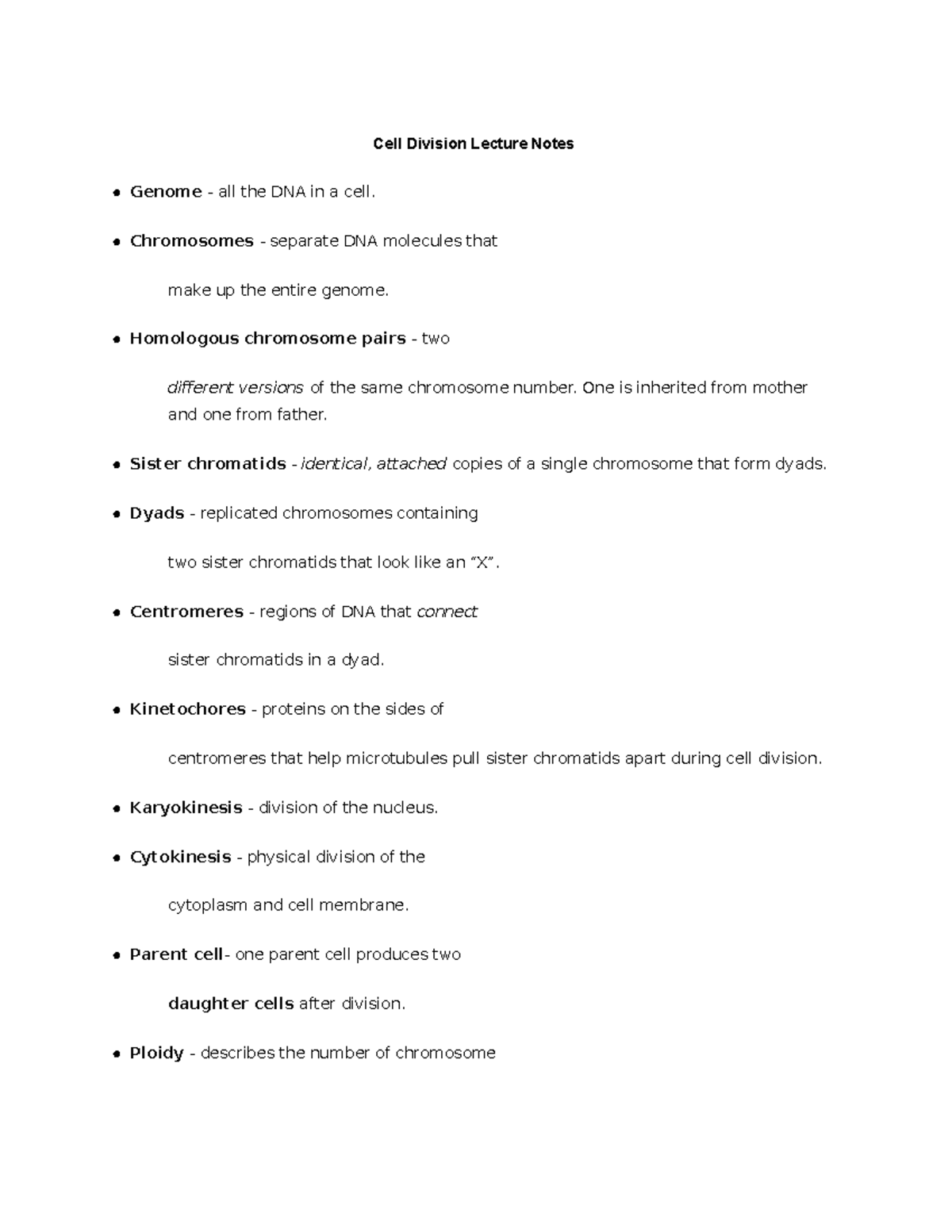 Cell Division Lecture Notes - Chromosomes - separate DNA molecules that ...