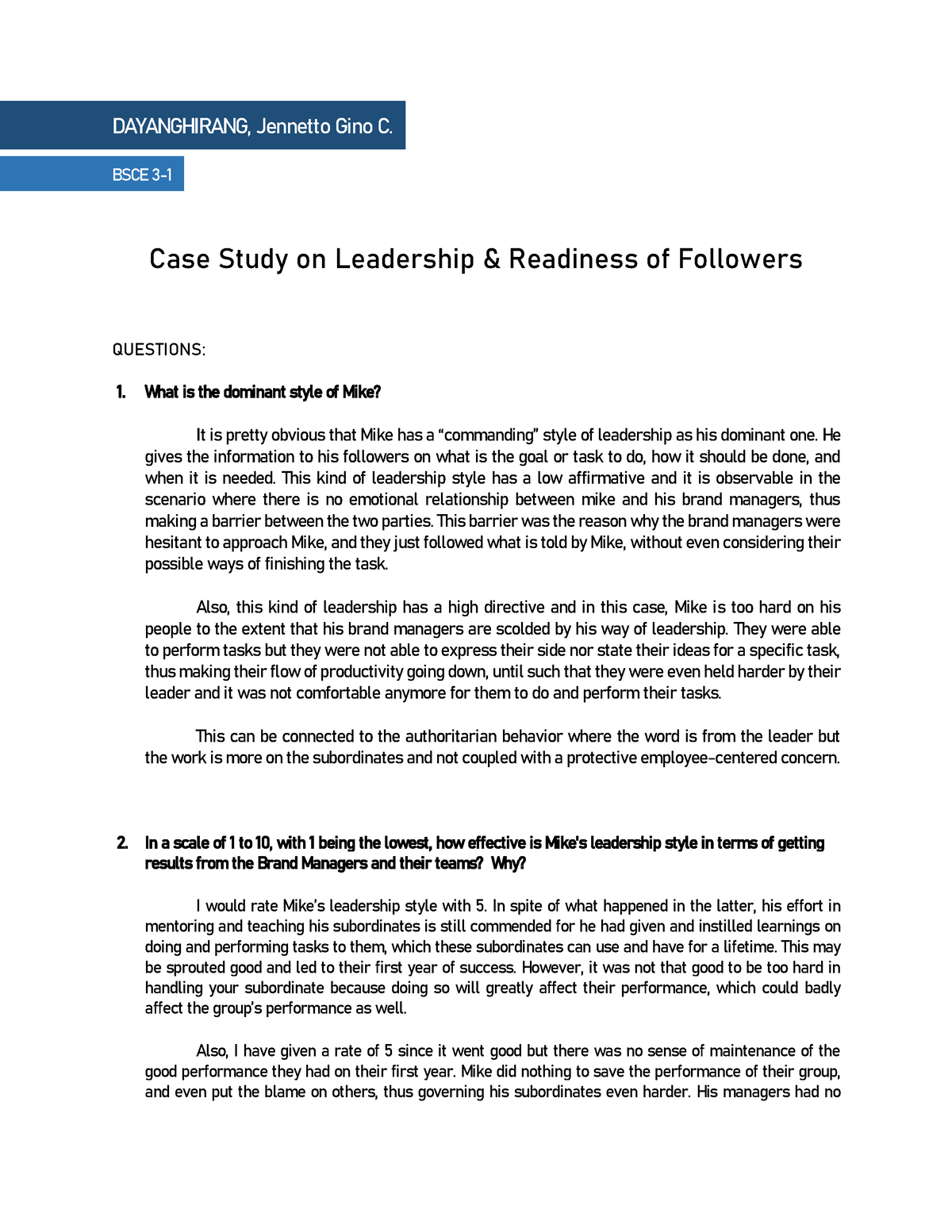 case study on leadership style