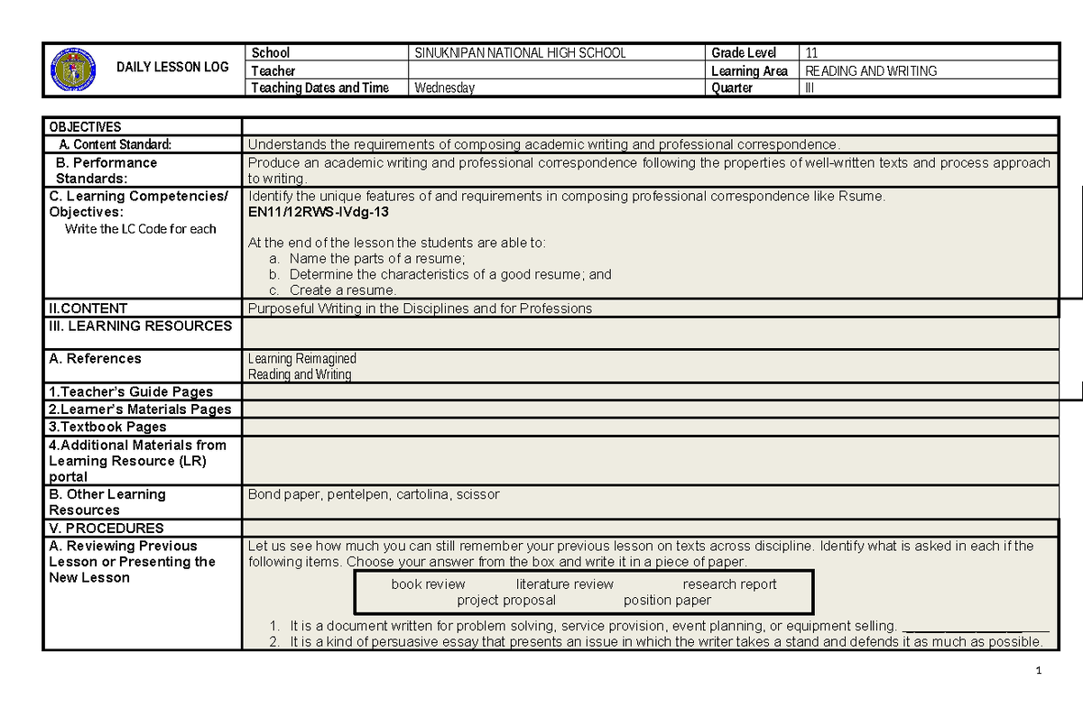 Resume 073530 - Summary Bachelor of Elementary Education - DAILY LESSON ...