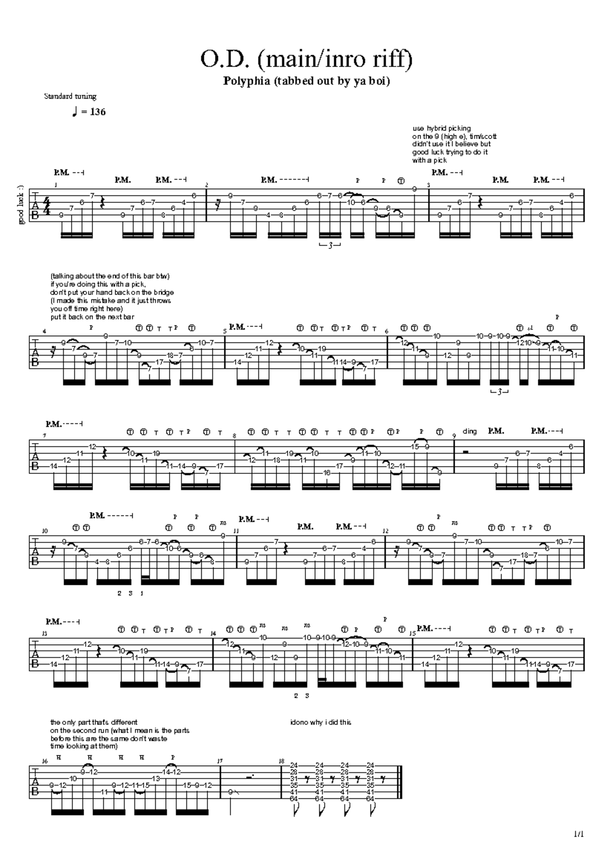 OD Tabs - Notes to our planet - O. (main/inro riff) Polyphia (tabbed ...