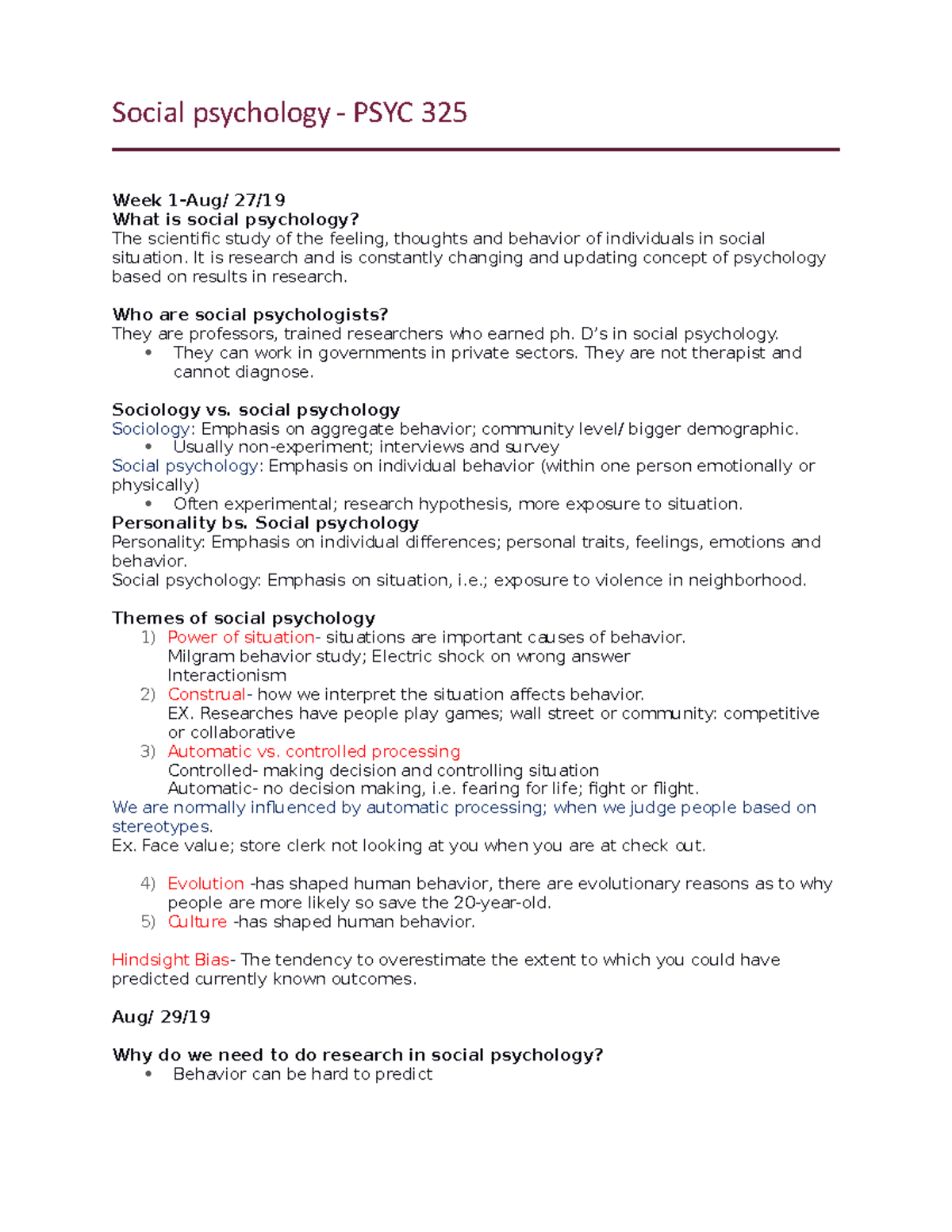 Social psychology Notes - Social psychology- PSYC 325 Week 1-Aug/ 27 ...